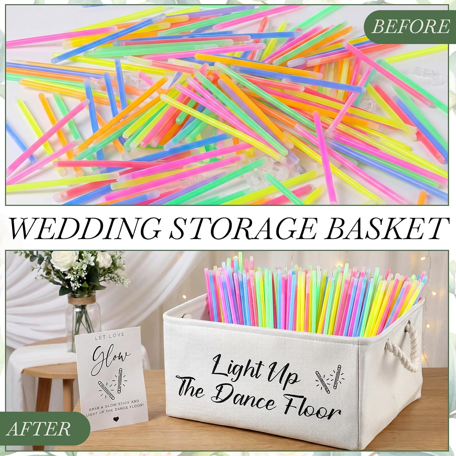 White Wedding Baskets with Table Sign Light up The Dance Floor Storage Basket for Glow Sticks for Wedding Reception Dance Floor, Bridal Shower, Engagement Party Decor
