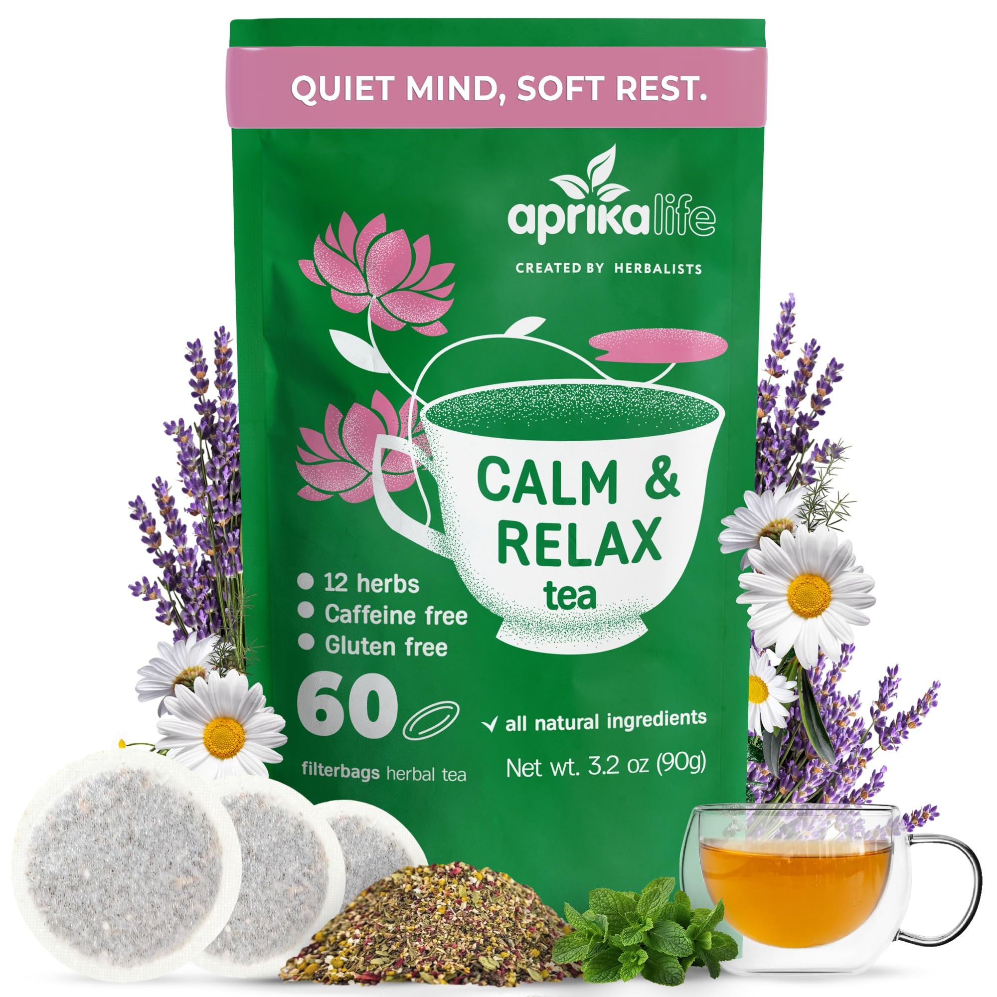 aprikalife Chá fitoterápico de camomila com erva-cidreira, hortelã-pimenta e lavanda, 60 sachês