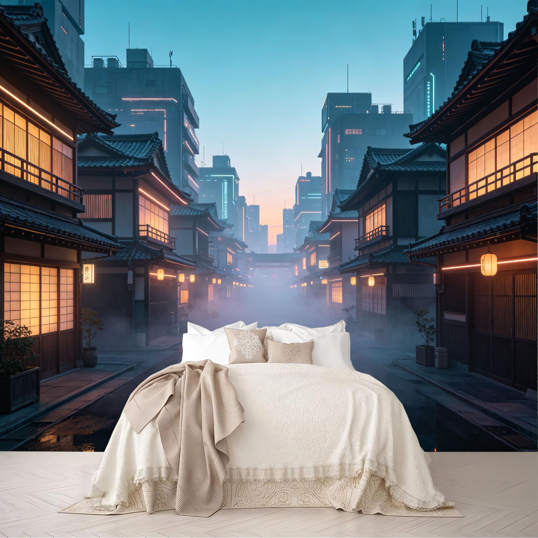 Dskjoviality Ab260706123 Custom Size Wall Murals Dusk Traditional Town Neon Wet Street Reflection Removable Self-Adhesive For Bedroom Living Room Dining Room