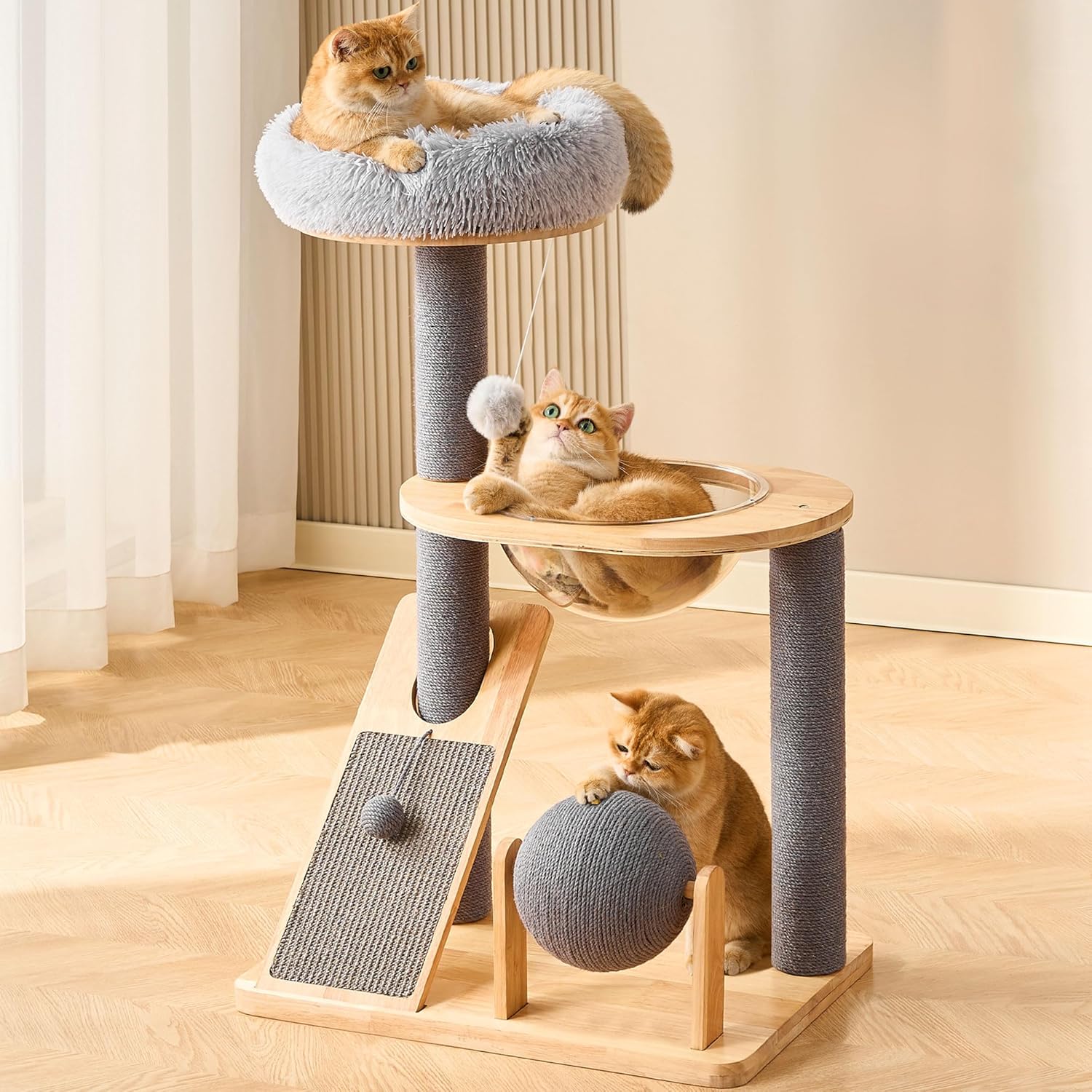 HITTITE solid wood cat tree tower with sisal scratching post, space capsule condo, and removable top bed in a neutral home office setting.