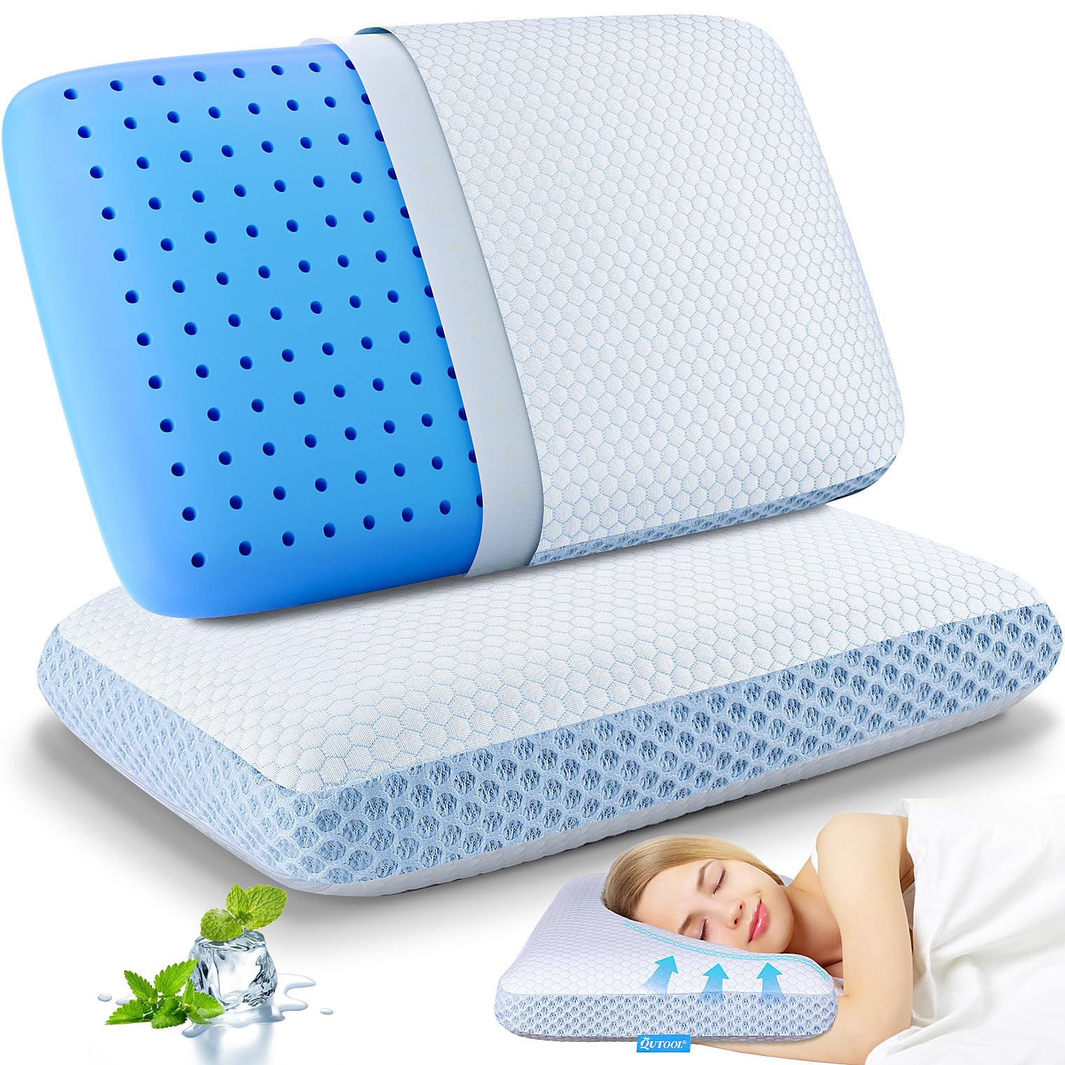 QUTOOL Memory Foam Pillows 2 Pack, Ventilated Bed Pillow with Cooling Washable Cover, Cervical Contour Pillow for Side Back Sleeper, Blue White
