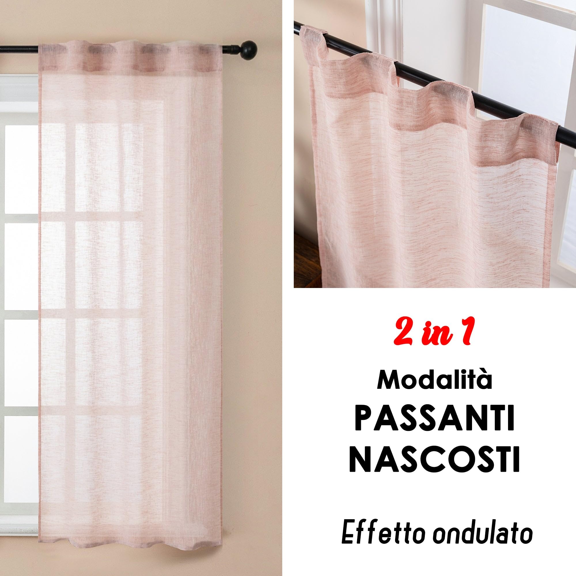 GIRASOLE HOME Coppia Tende Itaca Filtranti in Simil Lino 2 Pannelli con Tasca e Passanti Nascosti (Rosso Pastello, 70x150cm)