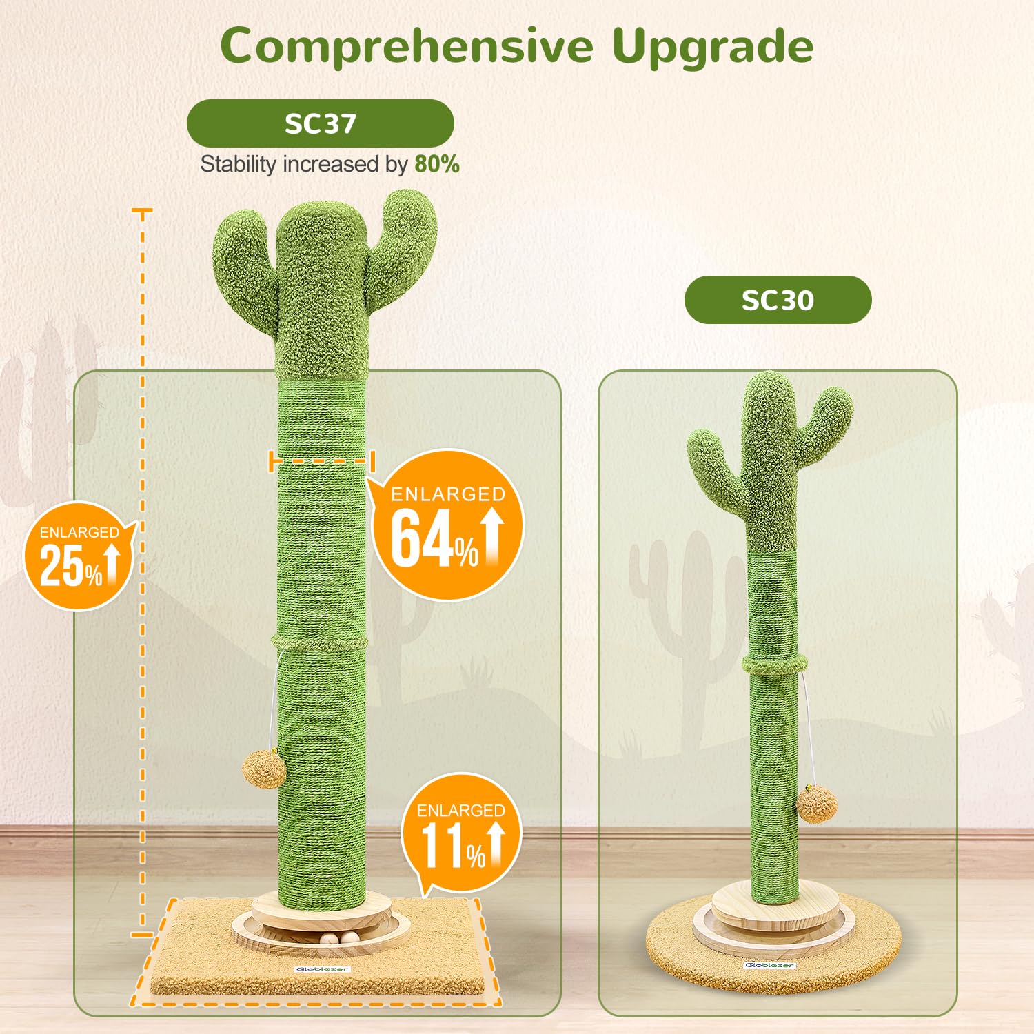 Globlazer Palo Tiragraffi Cactus Verde XXL, Colonne Tiragraffi Grandi Alto 94cm con Trackball Legno Peluche Giocattoli Stabil Base 11CM Palo Tiragraffi Sisal per Gatti Giocare Graffiare (SC37, Verde)