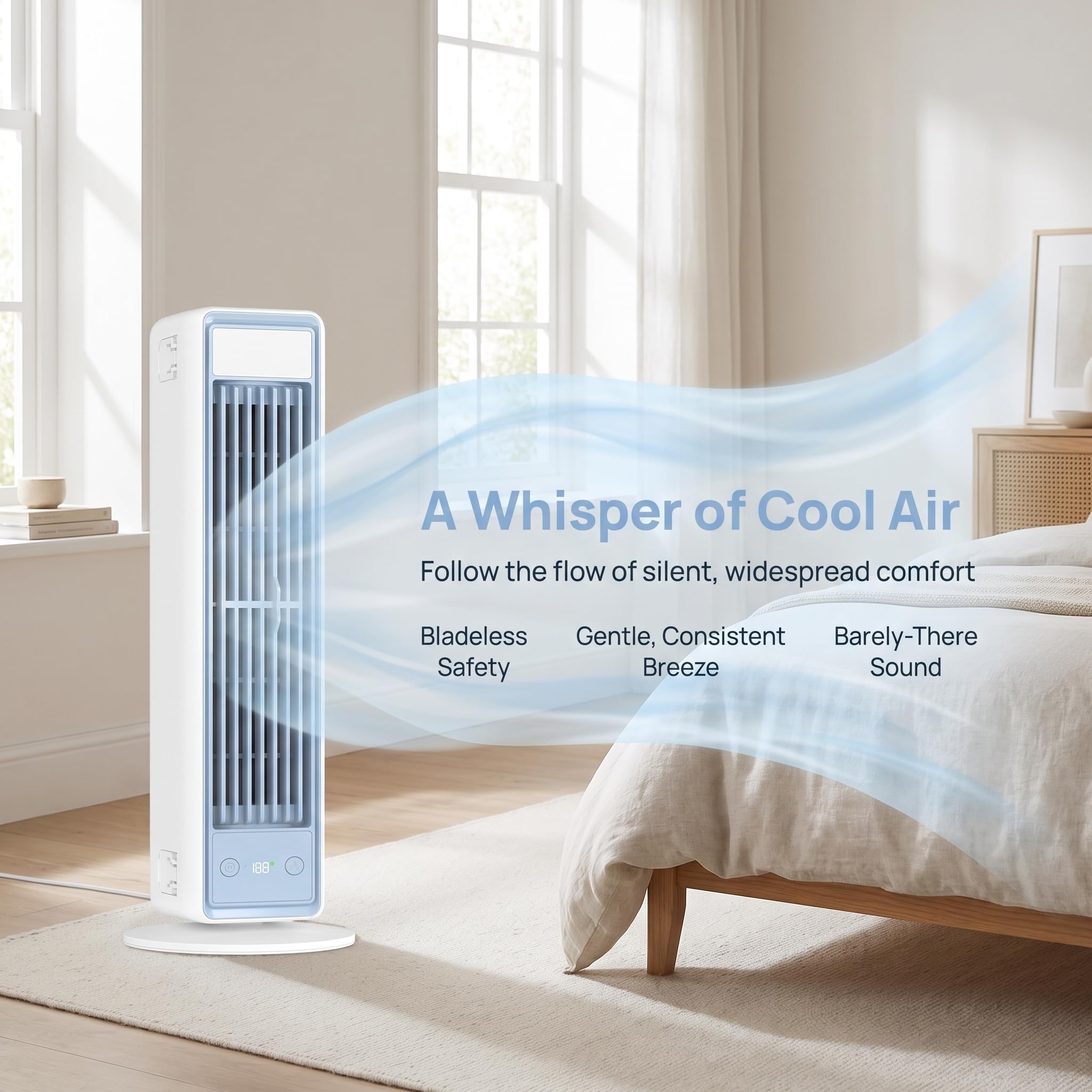 Ventilatore a Torre Silenzioso, Raffreddamento Potente 8 m/s, Telecomando Omni, Ventilatore Oscillante 48.8° con Display LED e 5 Velocità, 60% di Risparmio Energetico, per Casa e Camera