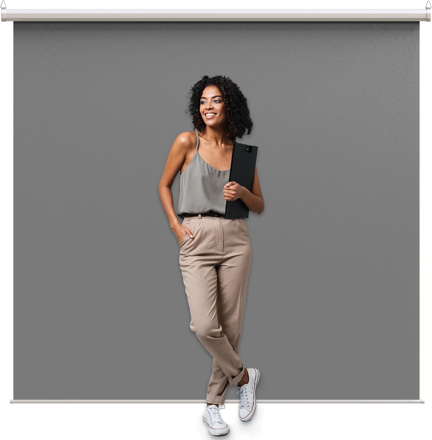 ?Wider Style? KHOMO GEAR Grey Screen 84 x 84 inch – Extra Large Pull Down Backdrop – Portable Collapsible Roll Down Projector Screen – Gray Screen for Video, Streaming, and Photography Grey - White Metal Frame 84-Inch