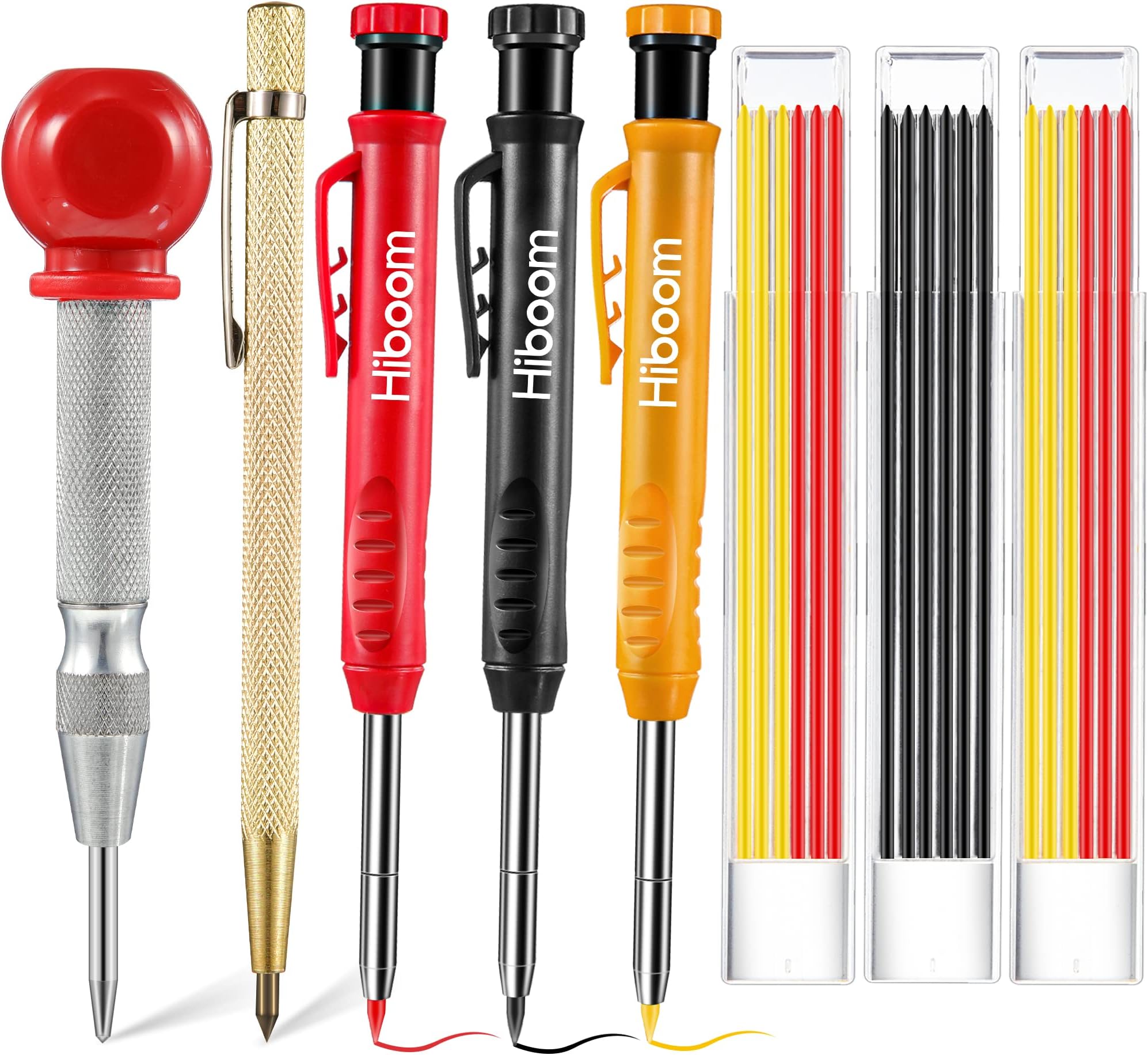 Hiboom 8 Pack Carpenter Pencils Set with 18 Refills (Red, Black, Yellow) and Sharpener, 5 Inch Center Punch, Carbide Scribe Tool, Deep Hole Marker, 2.8 mm Heavy Duty Woodworking Pencils for Architect