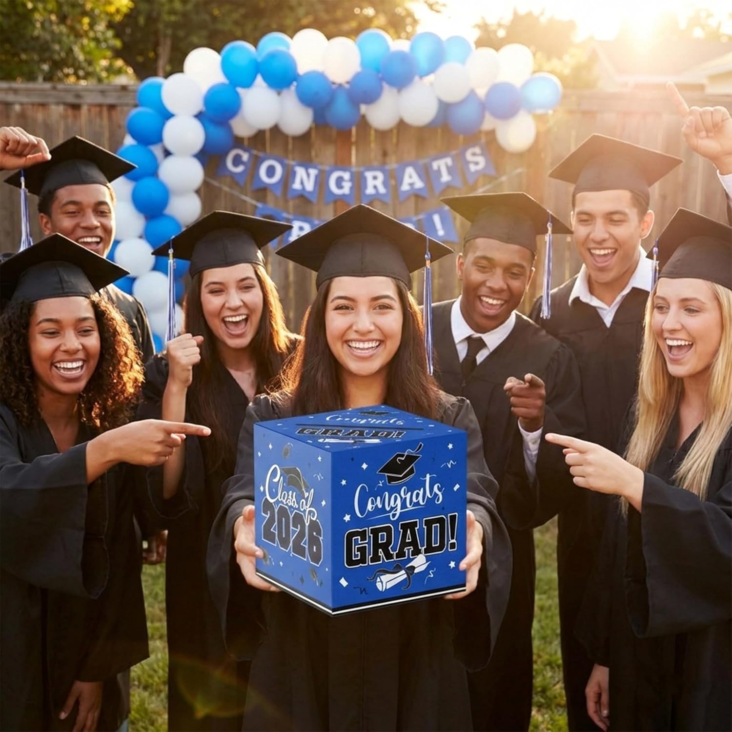 Graduation Card Box Class of 2026 Blue - Approx 9x9 Inch Large Money Gift Box Holder, Foldable Cardboard Voting Box for High School College Party Decorations, Congrats Grad Royal Blue Theme