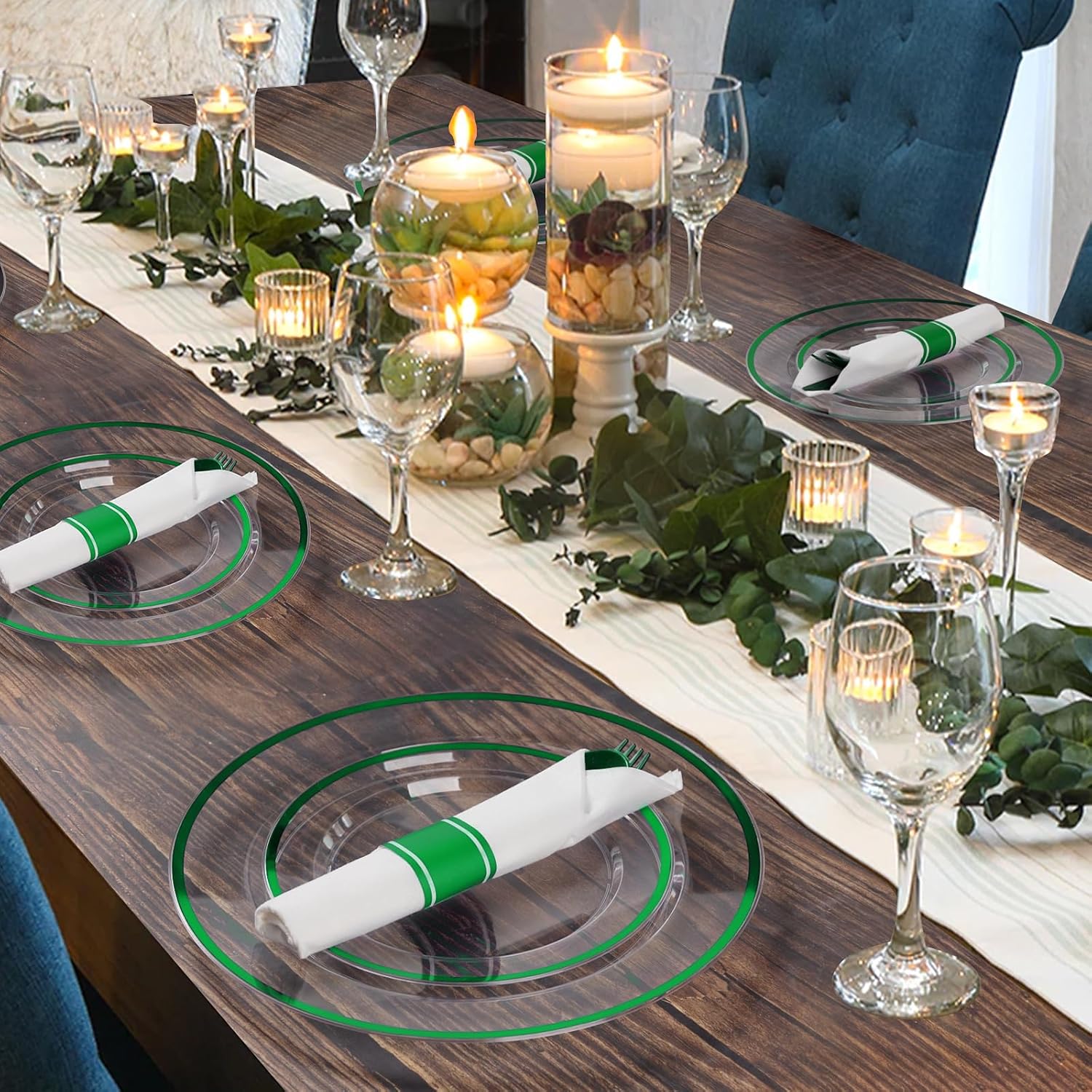 Goodluck 350Pcs Green Plastic Dinnerware Set for St. Patrick's Day, Clear Disposable Plates for 50 Guests, Include 50 Dinner Plates, 50 Dessert Plates, 50 Pre Rolled Napkins with Cutlery Set, 50 Cups - Image 6