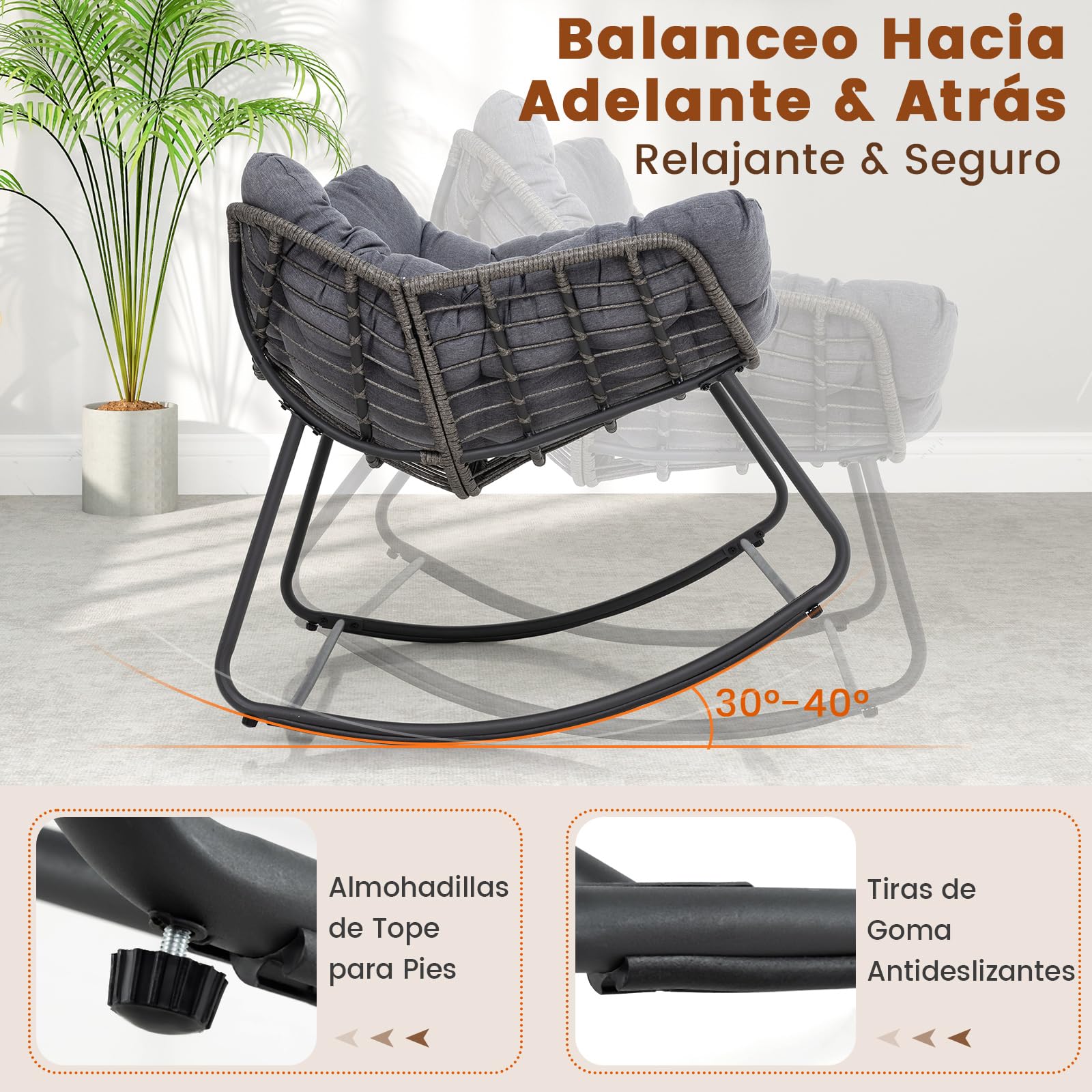 COSTWAY Silla Mecedora para Exteriores, Silla de Huevo de Mimbre PE de Gran Tamaño con Cojín Grueso y Extraíble, Silla de Ratán con Estructura Metálica Resistente para Salon, Balcón, Jardín (Gris)