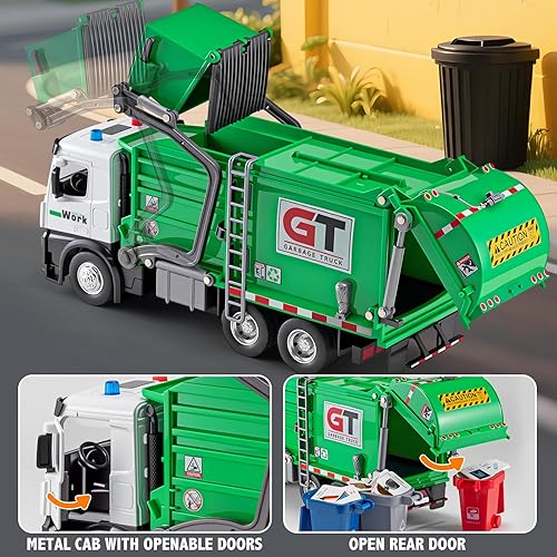 Miniatura 3 de Camión de basura con cabina de metal, juguetes realistas para niños con luces y sonidos, vehículos de reciclaje accionados por fricción, cargador