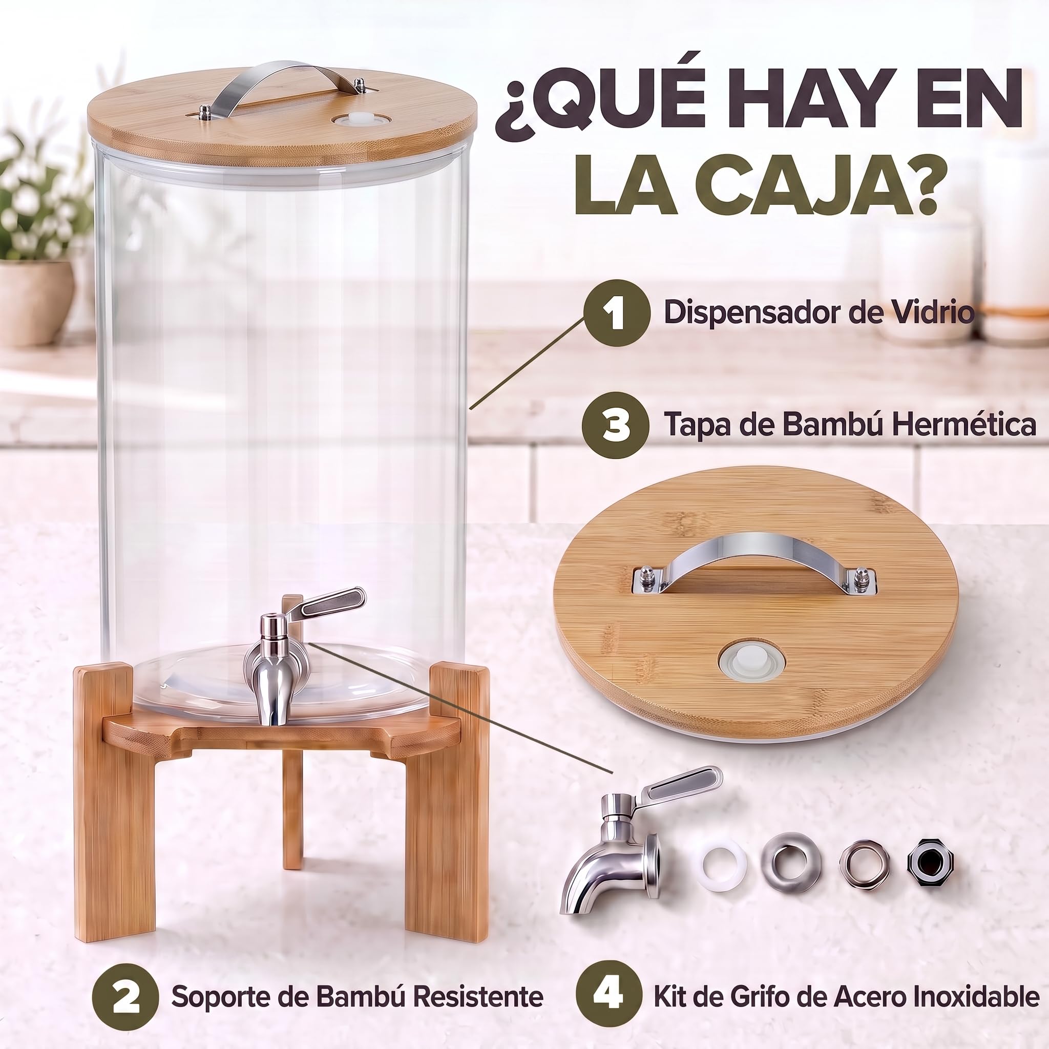 DIMONO® Dispensador de Bebidas de Vidrio con Grifo, 8 L | Vidrio borosilicato resistente al calor - grifo antigoteo de acero inoxidable - soporte y tapa de bambú