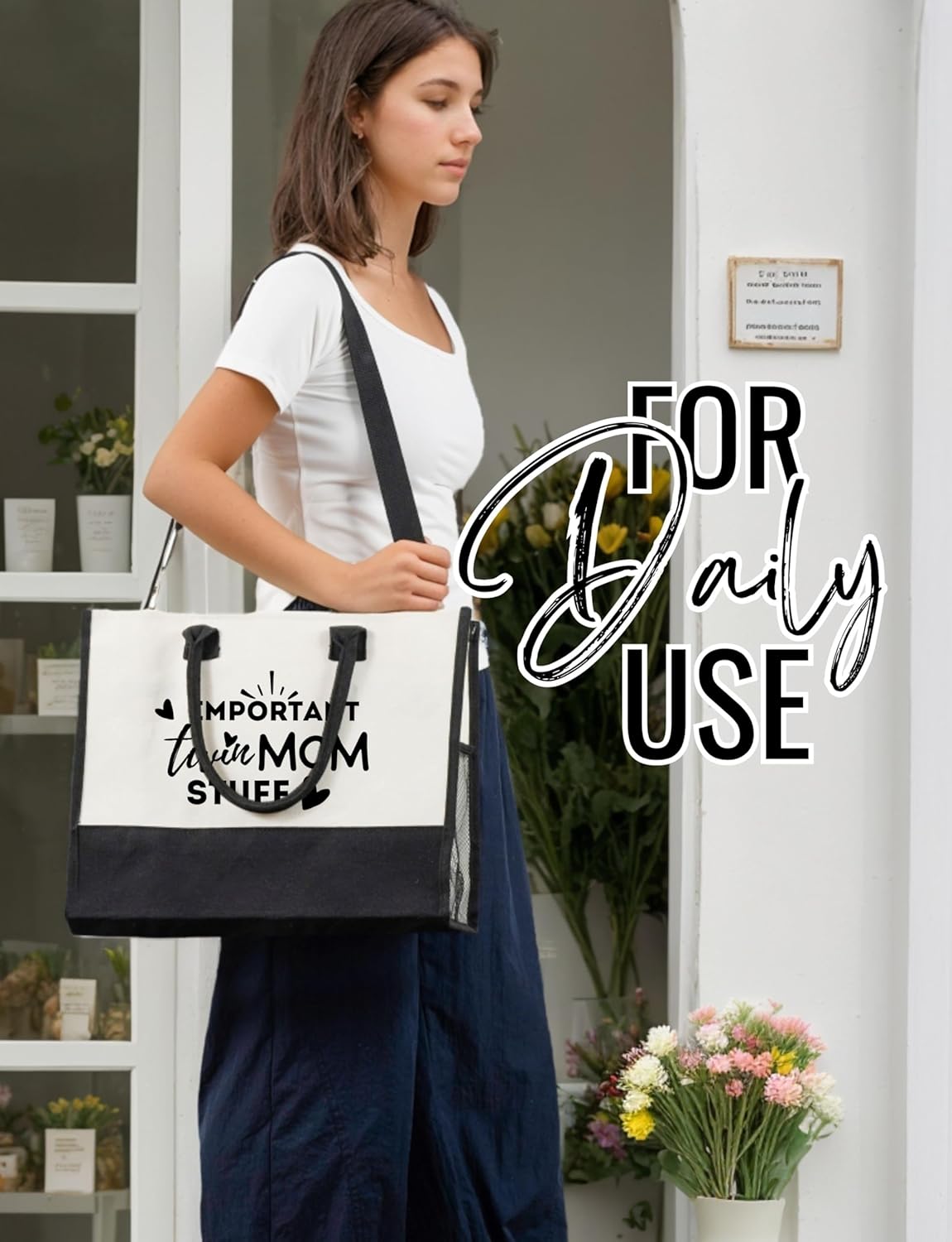 InnoBeta Twin Mom Gifts Canvas Tote Bag, with Top Zipper Closure and Shoulder Strap for Birthday, Mother's Day, Christmas - Image 3