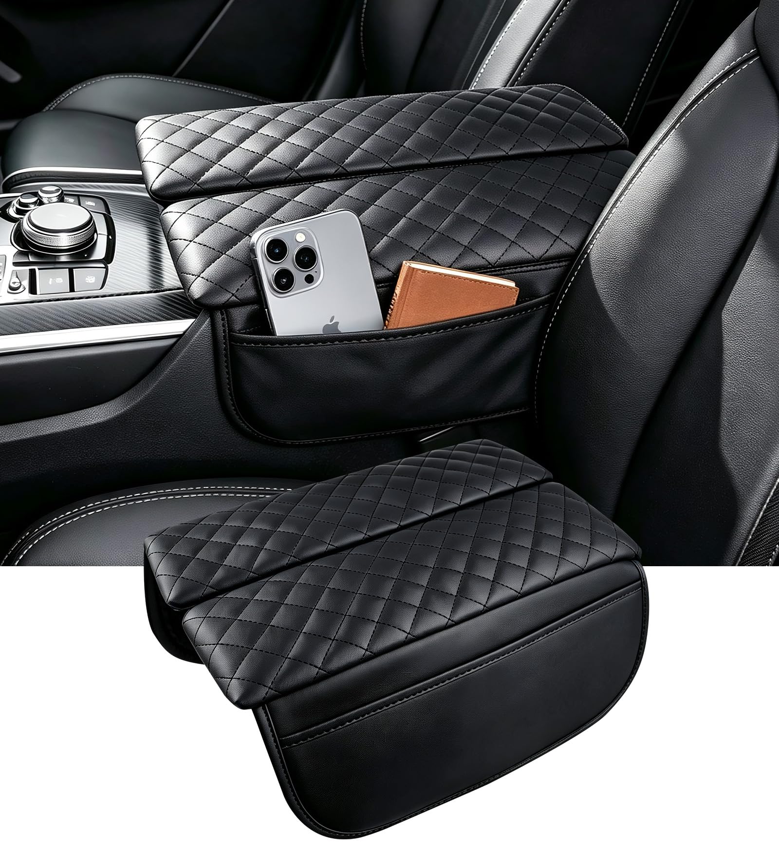 Center Console Cover for Mazda CX-90 2026 2025 2024, 1.2-Inch Thick PU Leather Middle Armrest Cushion Protector Pad with 2 Side Pockets for 2024-2026 CX90, Black
