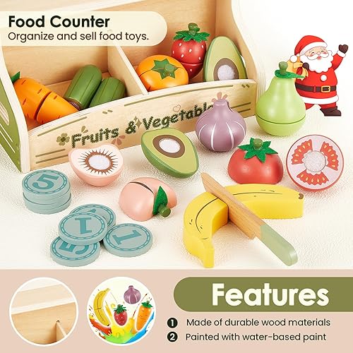 Miniatura 4 de BUYGER Juegos de comida para niños, juego de madera para cortar frutas y verduras, accesorios de cocina, juguetes de tienda de comestibles, juguetes
