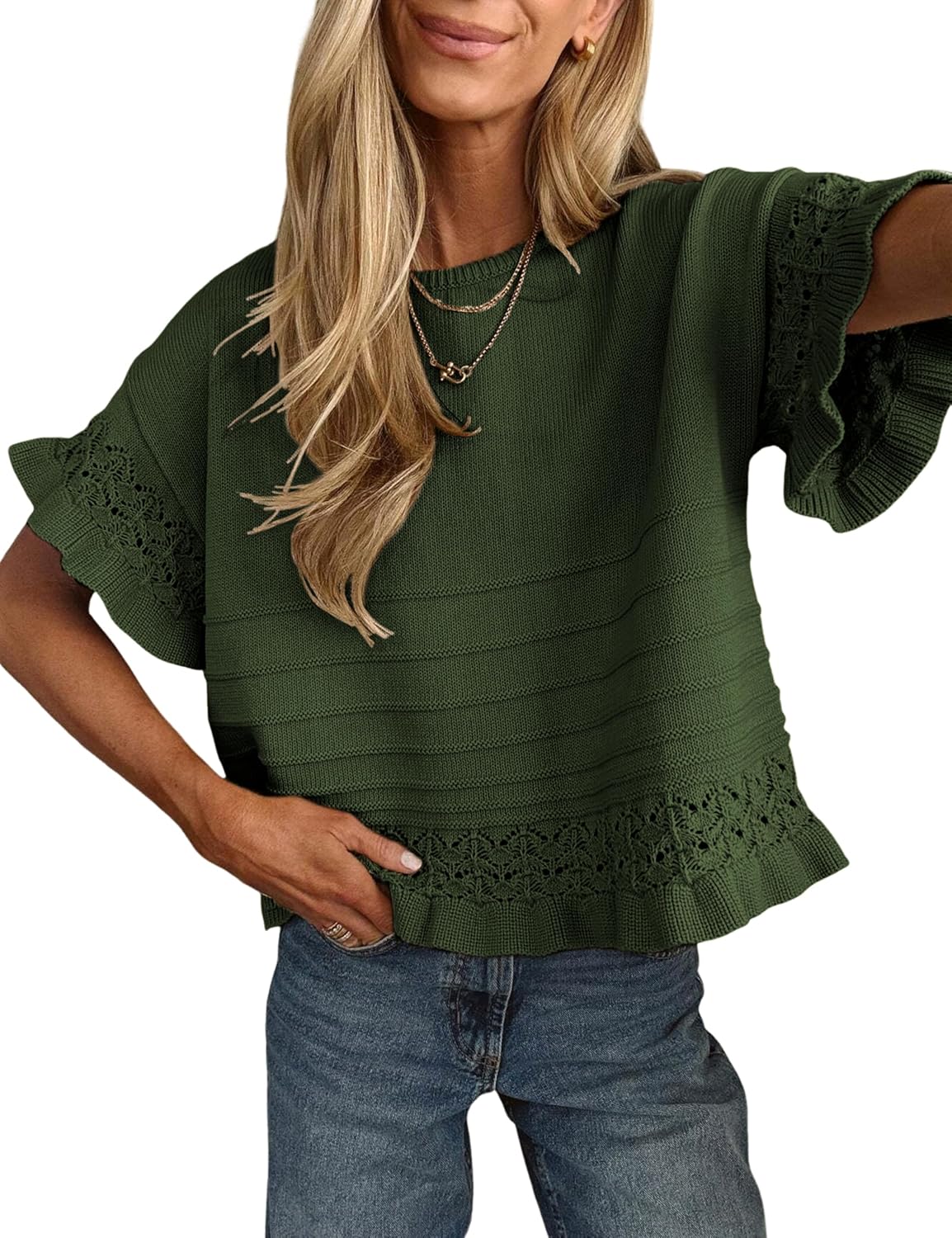 Yeokou Womens Short Sleeve Sweater Round Neck Ruffled Hem Knit Crochet Pullover Summer Fall Casual Top Blouse