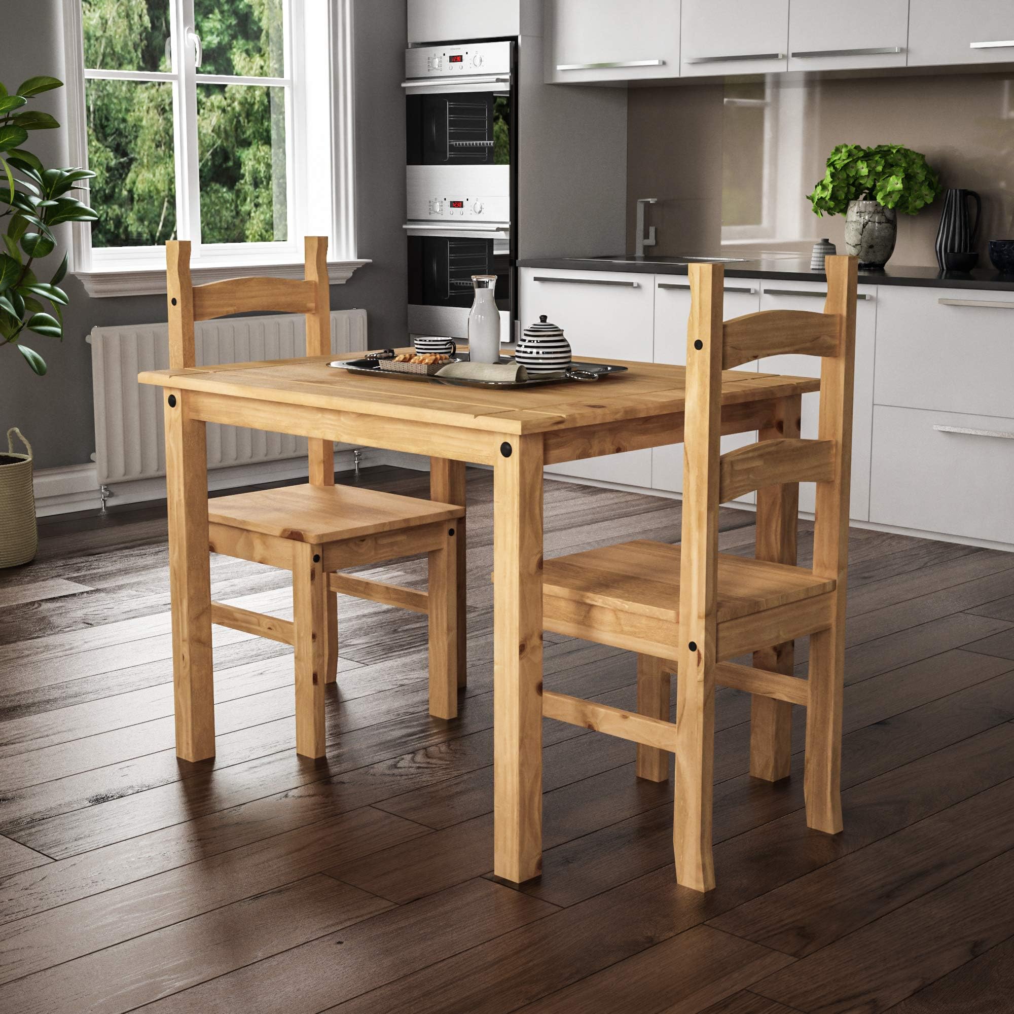 Vida Designs Corona 2 Seater Dining Set | Solid Pine Wood | Dining Room Complete Set | 75H x 75W x 75D cm | with 2 Dining Chairs | Rustic Country Farmhouse Style