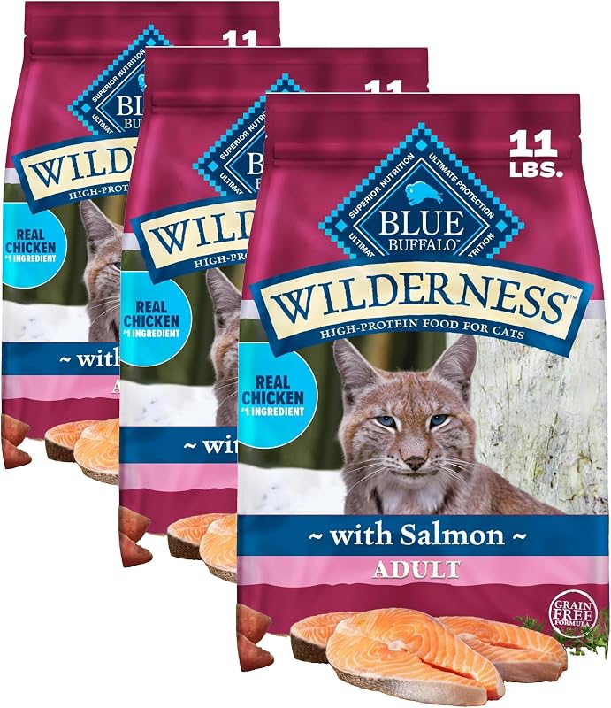 Ração seca para gatos adultos Blue Buffalo Wilderness com salmão, sem grãos, 4,99 kg – Pacote com 3