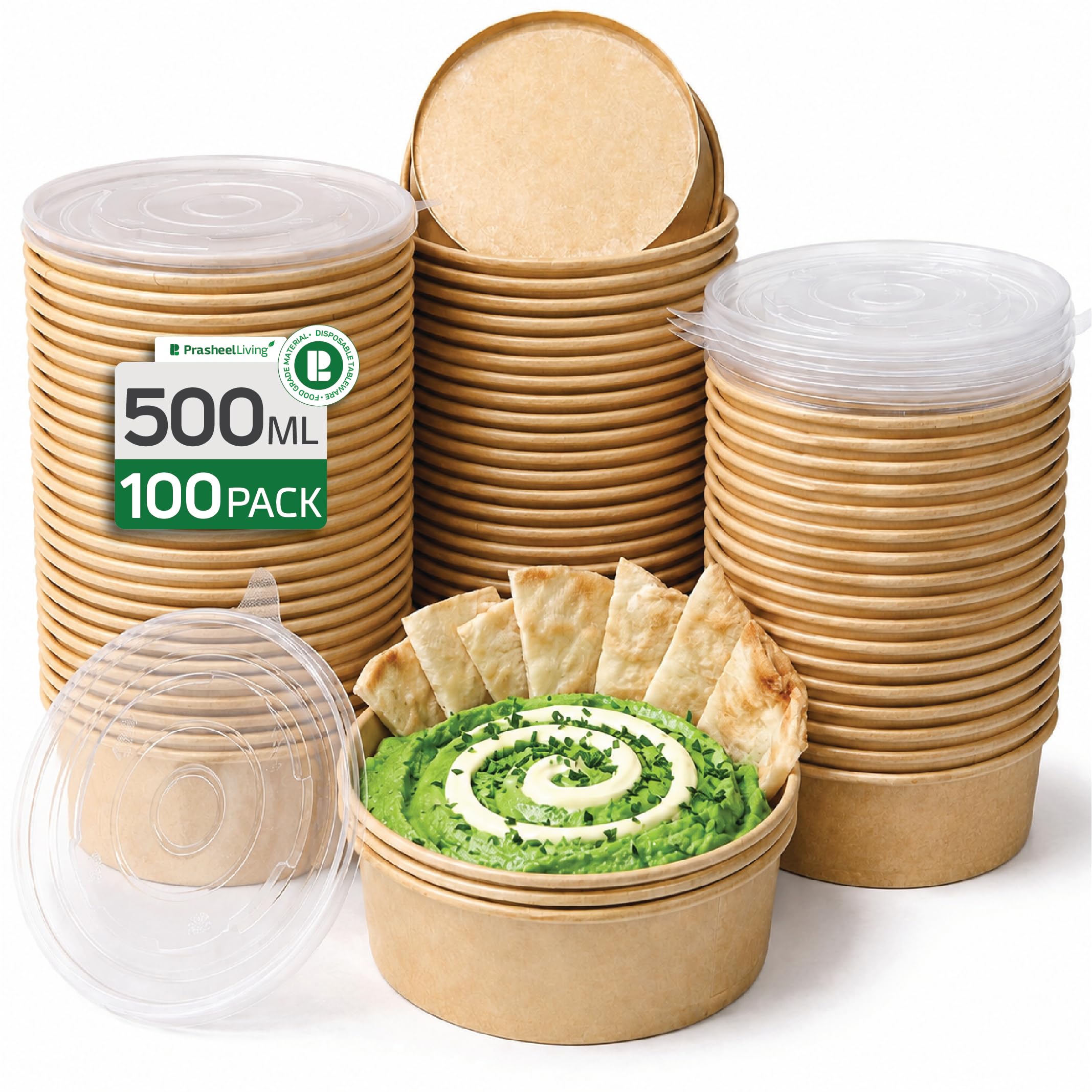 PrasheelLiving [500 ml, 100 Pack] Disposable Round Kraft Paper Bowl with Lid | Takeout Containers for Hot/Cold Foods, Salad, Dessert, Soup, Noodles | Leak-Proof, Microwaveable Food Storage Containers