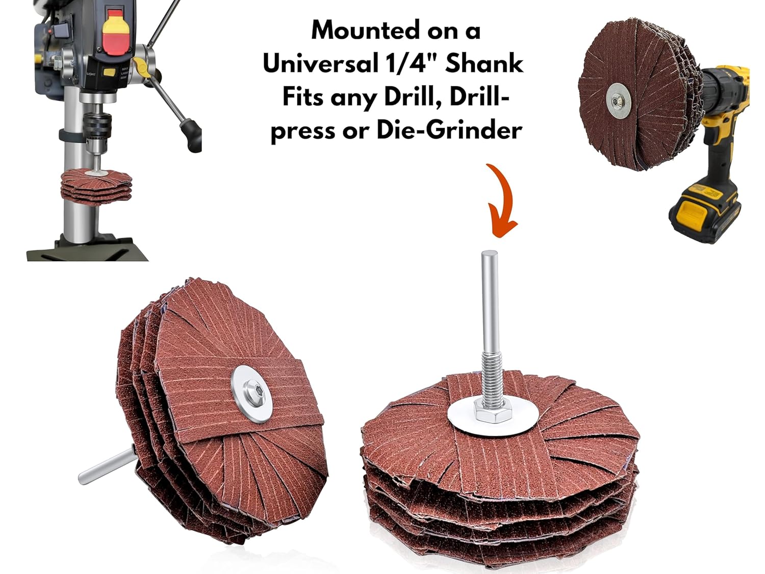 LINE10 Tools 4-inch Sanding Mop Kit, Moulding Flap Wheel Sander for Drill, 240 Grit Mop Sanders Brush, 1/4" Shank, Abrasive Flapper Sander for Woodworking, Contours, Finishing, Pack of 5