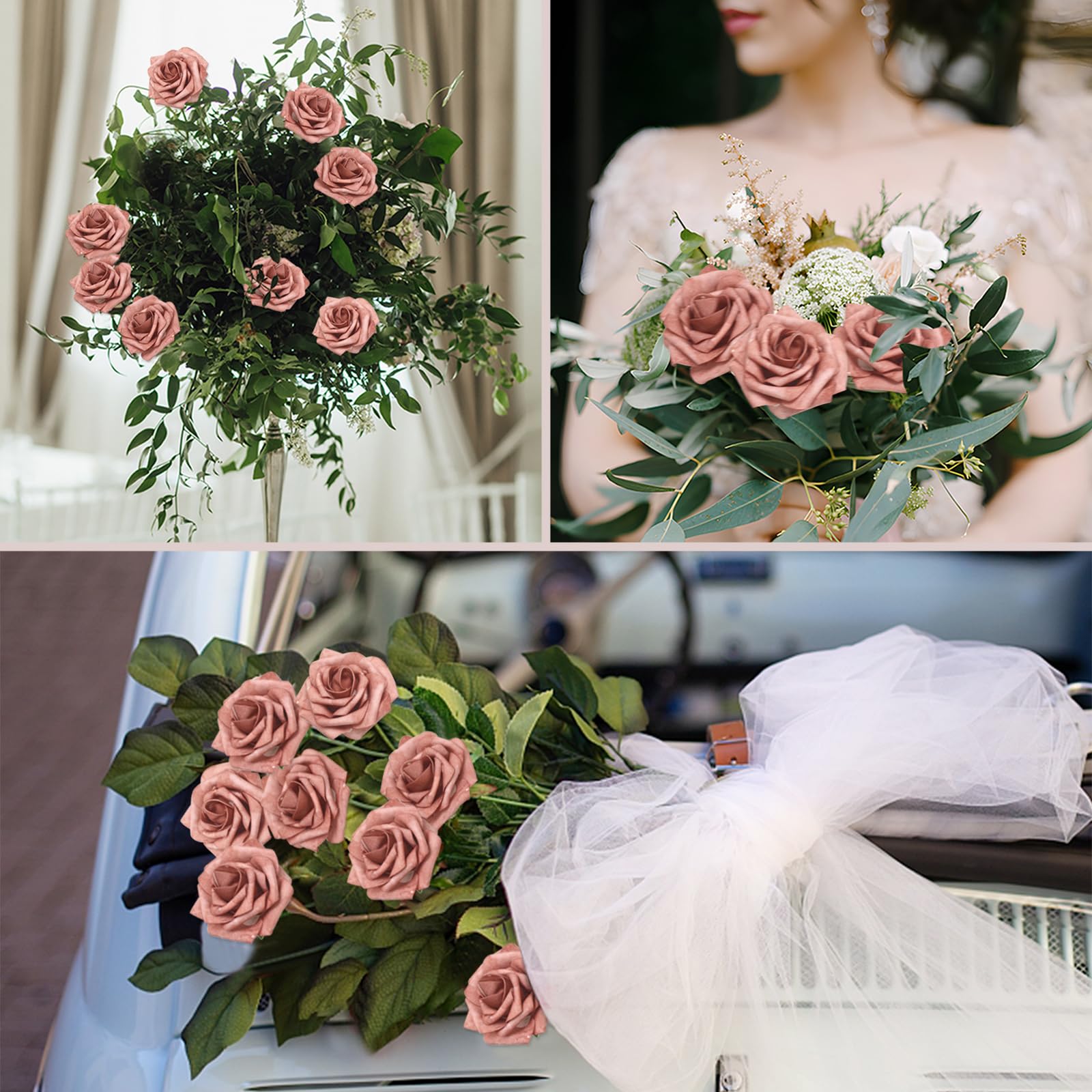Künstliche Rosen, warmtaupe, echt aussehende Schaumstoffrosen mit Blättern für selbstgemachte Hochzeitssträuße, Brautparty, Party-Dekorationen (warmes Taupe, 100 Stück)
