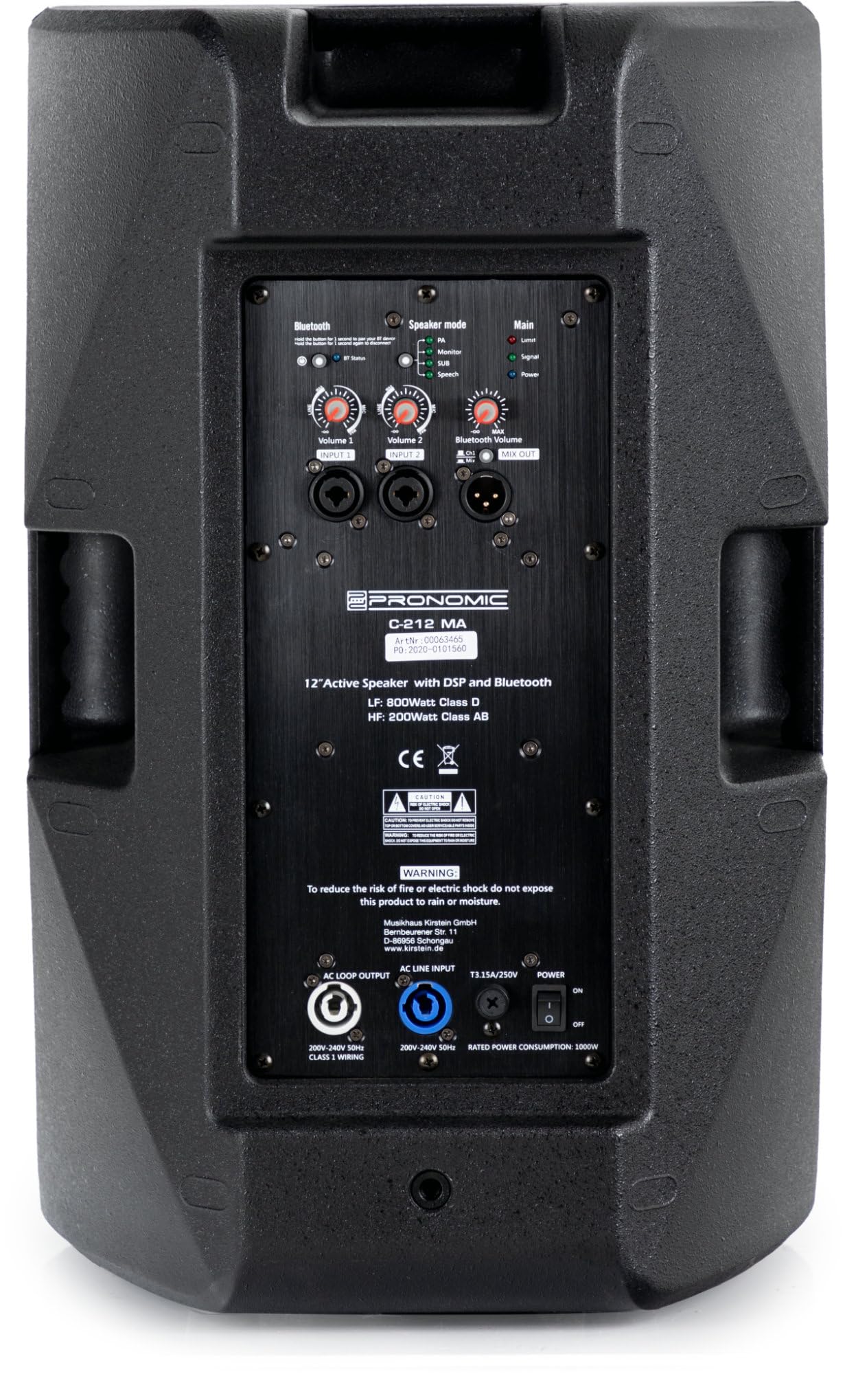 Pronomic C-212 MA - Cassa Attiva 2 Vie con 2 Canali - Potenza: 1000 Watt - Woofer 12" + Tweeter Titanio 1,75" - Ricevitore Bluetooth e DSP-Preset - Cabinet in Plastica con Inclinazione Monitor