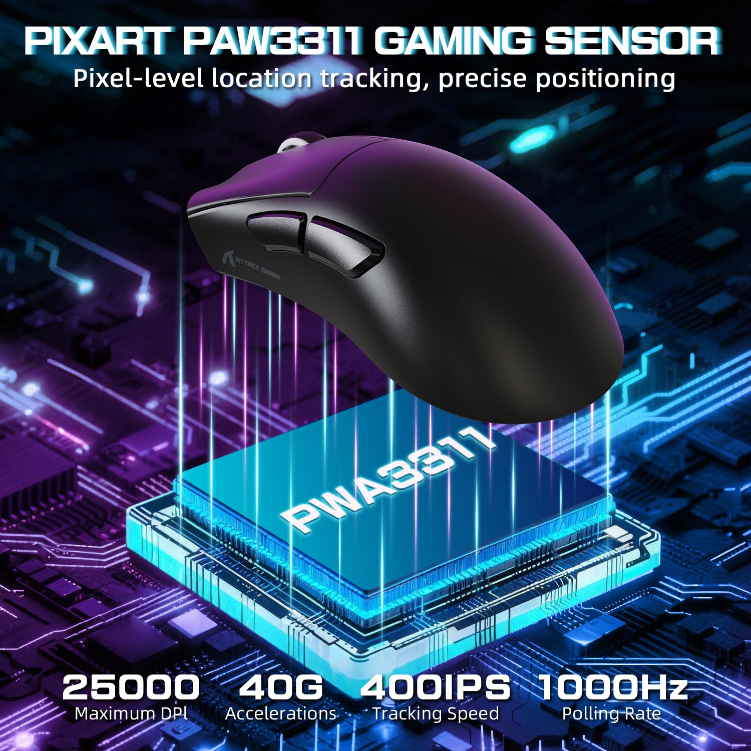 ATTACK SHARK V3PRO Mouse Gaming Senza Fili Con Dock Ricarica Magnetico, PixArt PAW3311, Fino A 25000 DPI, BT/2.4GHz/Filiato, 100M Clic, 500mAh, 65g Ultra-Leggero Per Win11/Xbox/PS/Mac - Nero