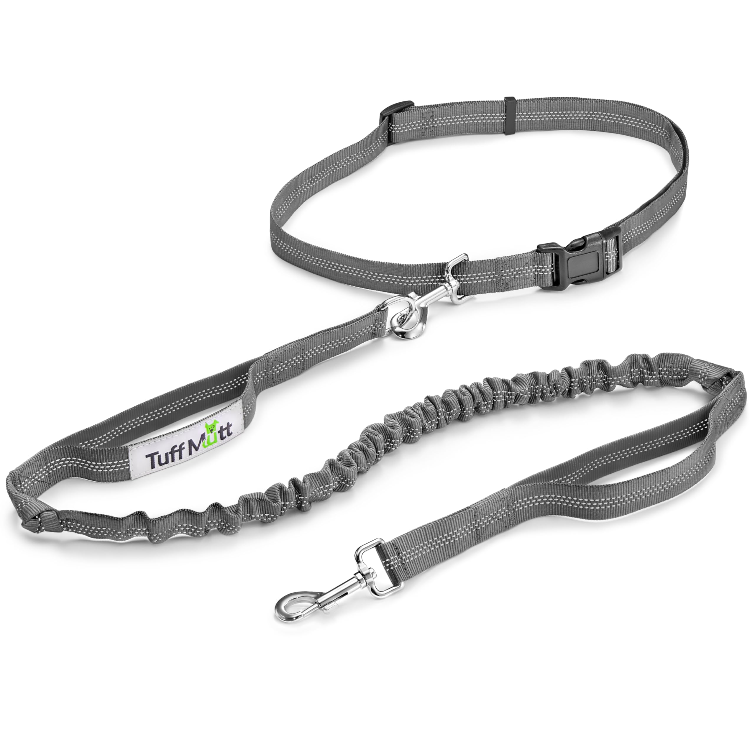 Tuff Mutt Hands Free Dog Leash for Walking Running Hiking, Waist Leash with Bungee, Adjustable Belt, Reflective Double Handle Design for Large Medium Dogs