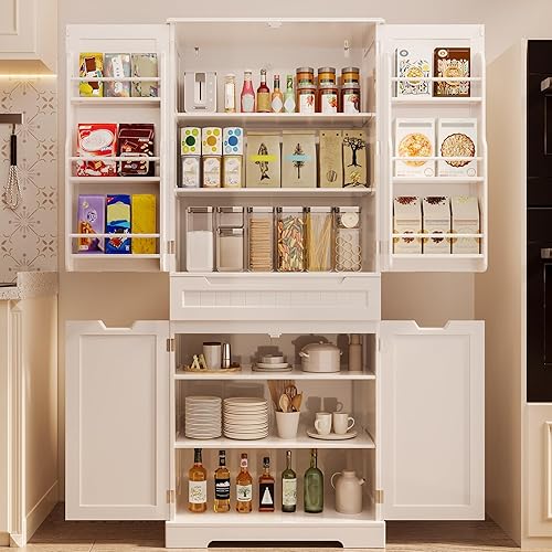 Gizoon Armario de almacenamiento de despensa de cocina de 47 pulgadas con puertas y estantes con cajones, pequeño armario independiente de madera