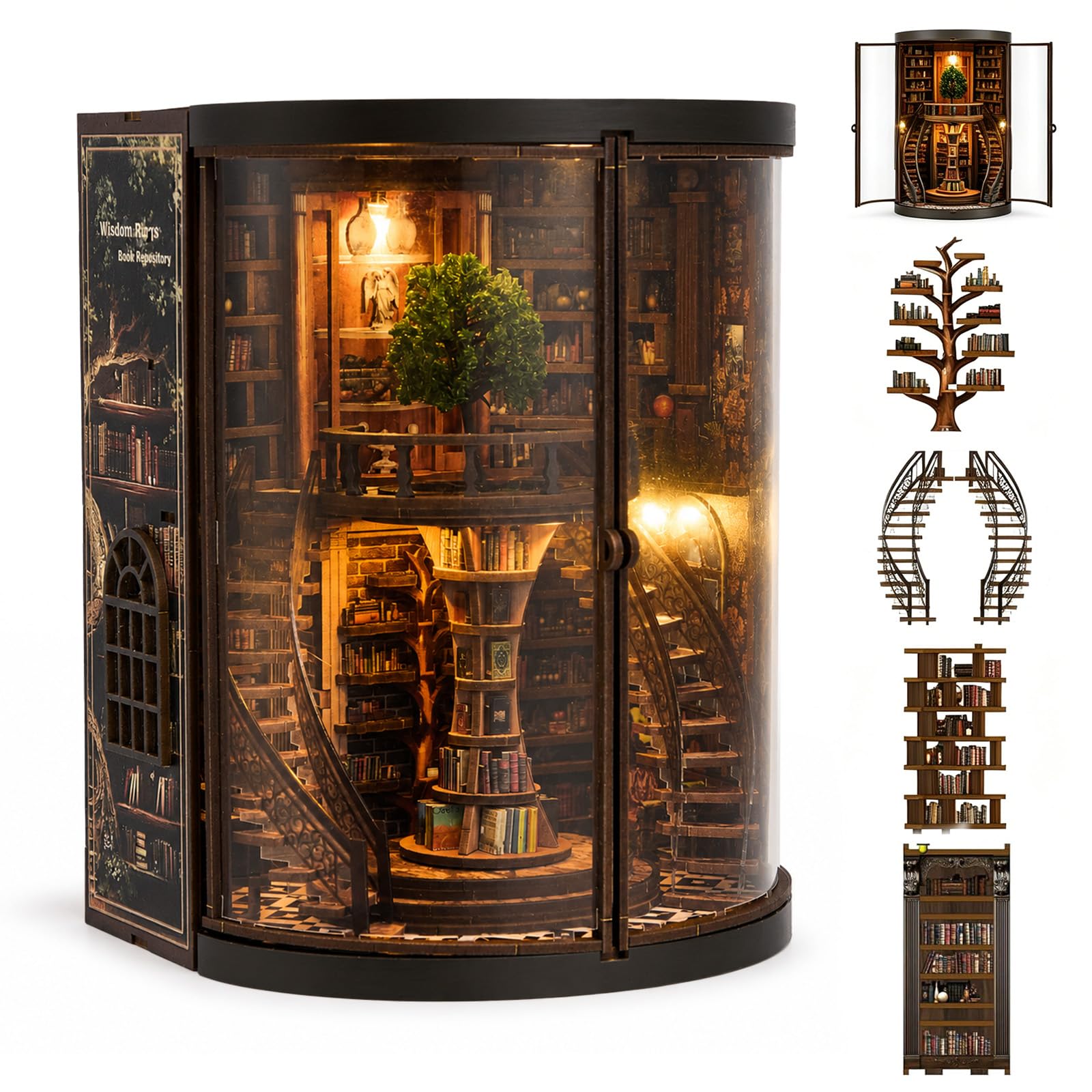 Kit Book Nook con Luz LED, Book Nook Biblioteca Antigua, 356 Piezas Puzzle 3D de Madera para Biblioteca, DIY Miniaturas para Montar, Sujetalibros Decorativo para Adultos, Regalo para Lectores