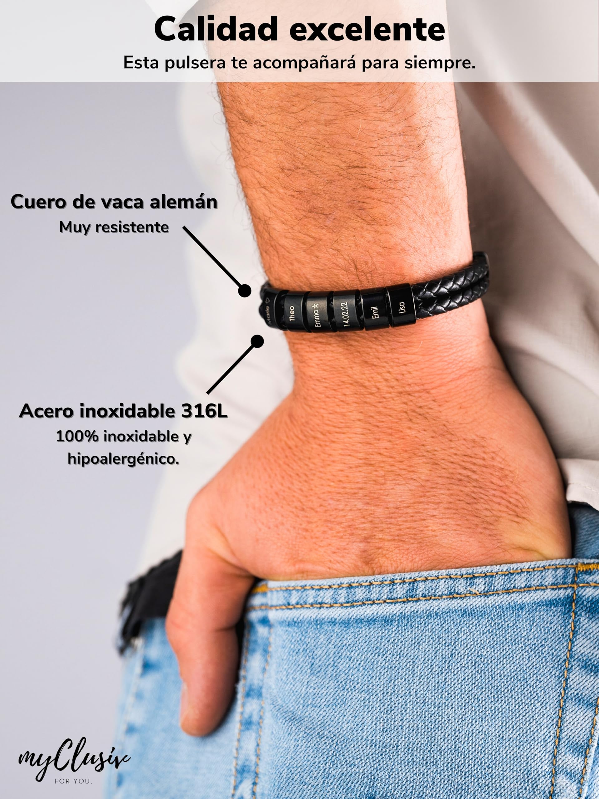 Pulsera personalizada de cuero negro para hombre con nombre - Pulsera con grabado - Regalo para hombre - Regalo papá