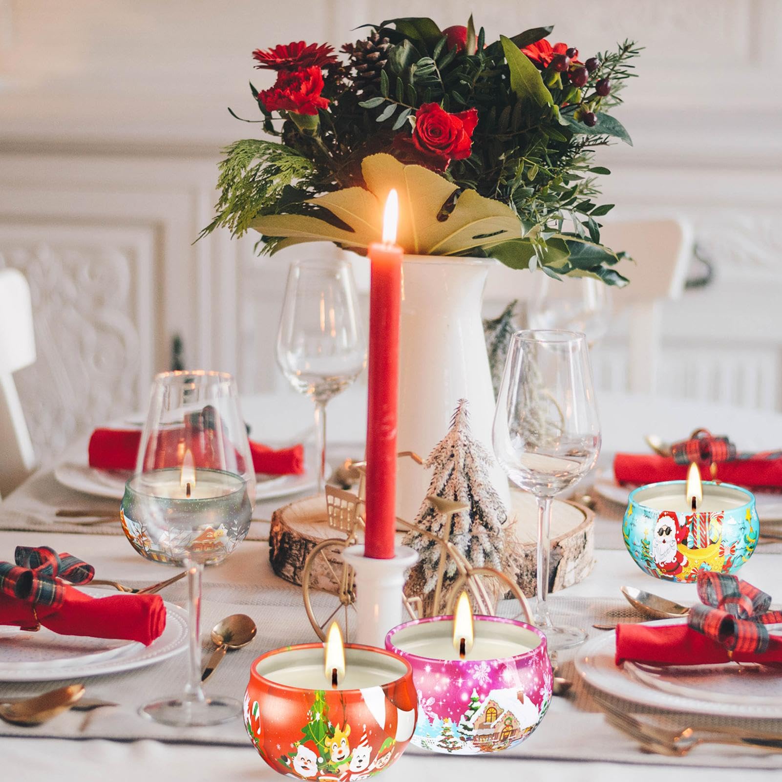 Velas de Navidad, juego con 16 velas perfumadas navideñas, adornos para no fumadores para interiores, velas de recuerdo para vacaciones, velas de Navidad, juego de 16 velas de Navidad, de soja | Vela Aromática Sin Llama para el Otoño, el Hogar, la Mesa, l