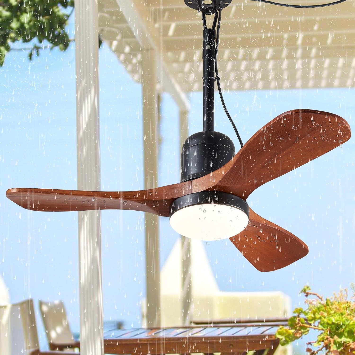 34-Inch Wet-Rated Outdoor Ceiling Fan with Light, Walnut Wood Blades