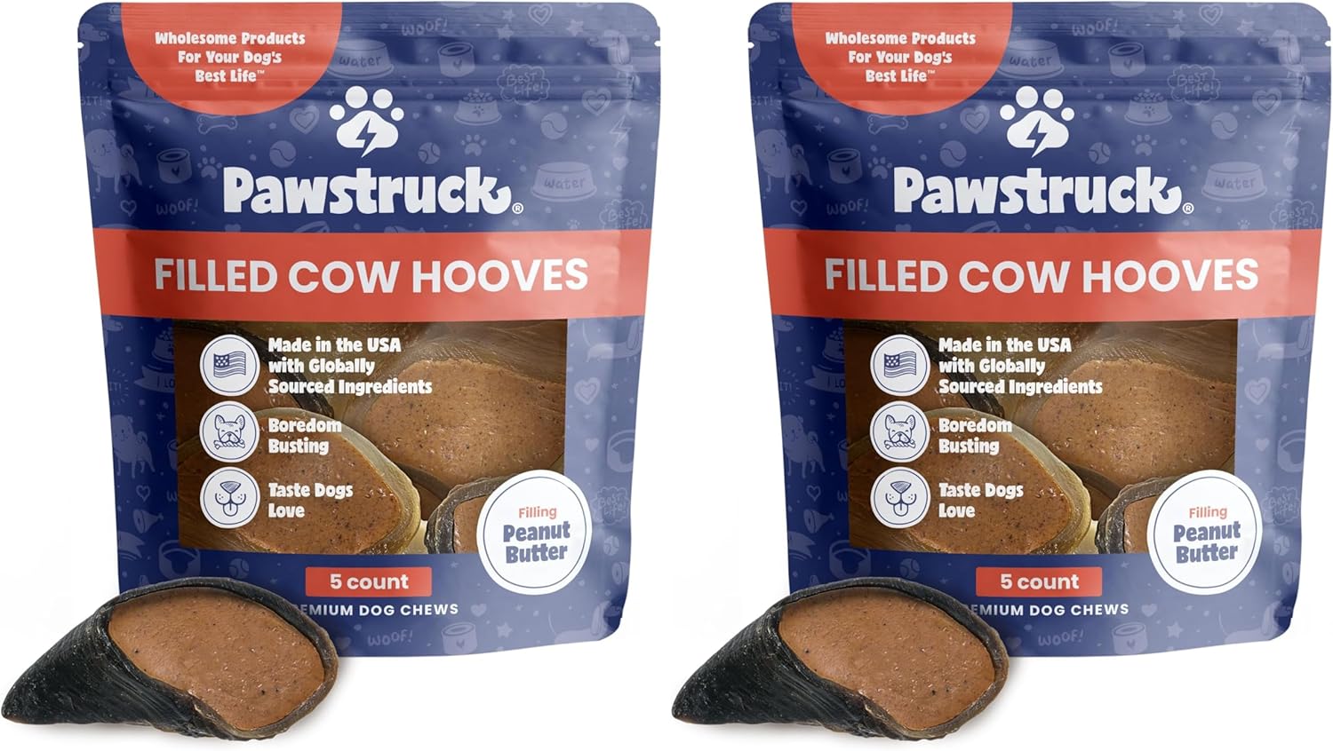 Pawstruck Peanut Butter Filled Cow Hooves for Dogs – Made in USA,Long-Lasting Dental Treats and Chews – Beef Hoof– Packaging May Vary,5 Count (Pack of 2)