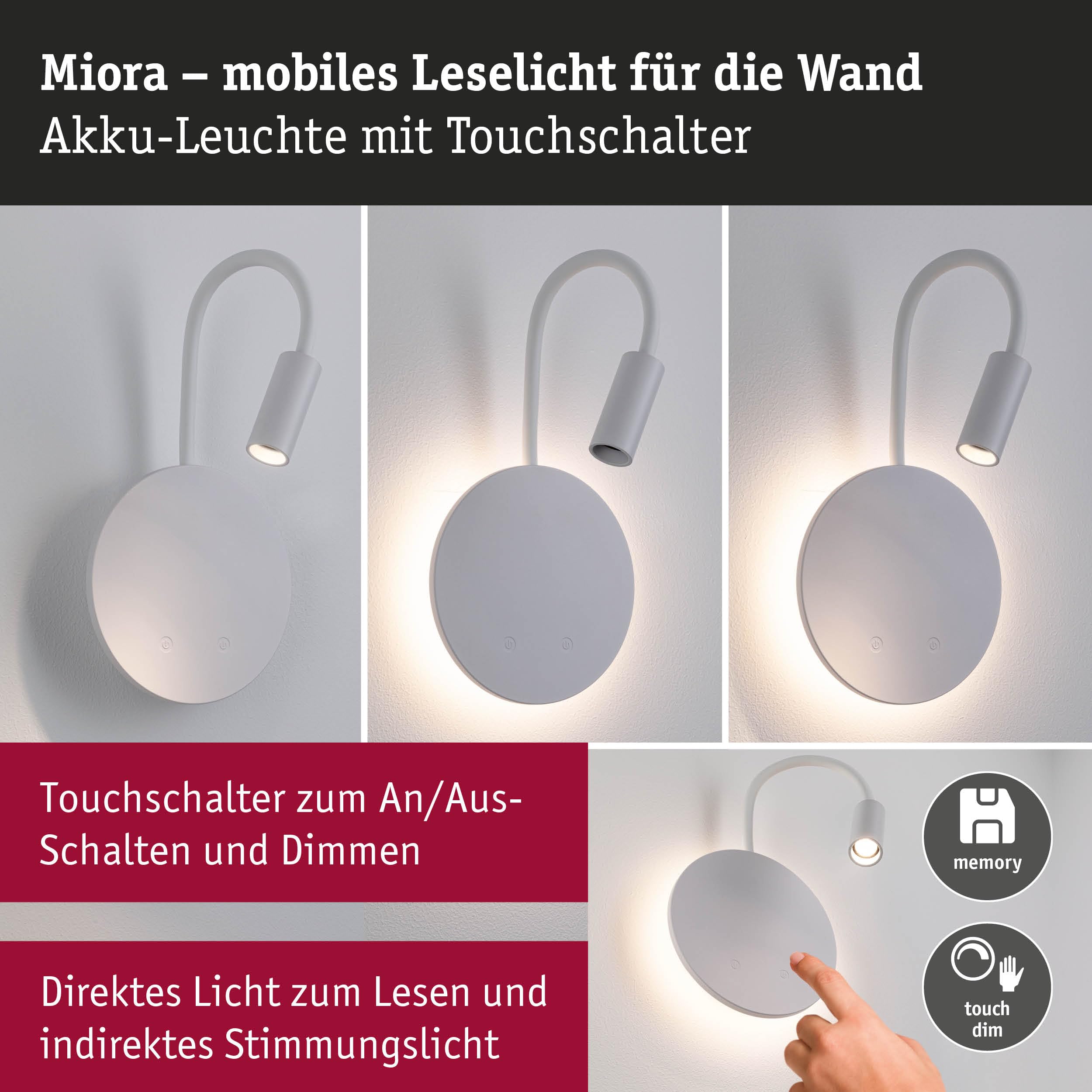 Paulmann 71289 LED Akkuwandleuchte Miora 2700K 78lm / 82lm 3,7V 0,6W / 0,7W dimmbar Weiß
