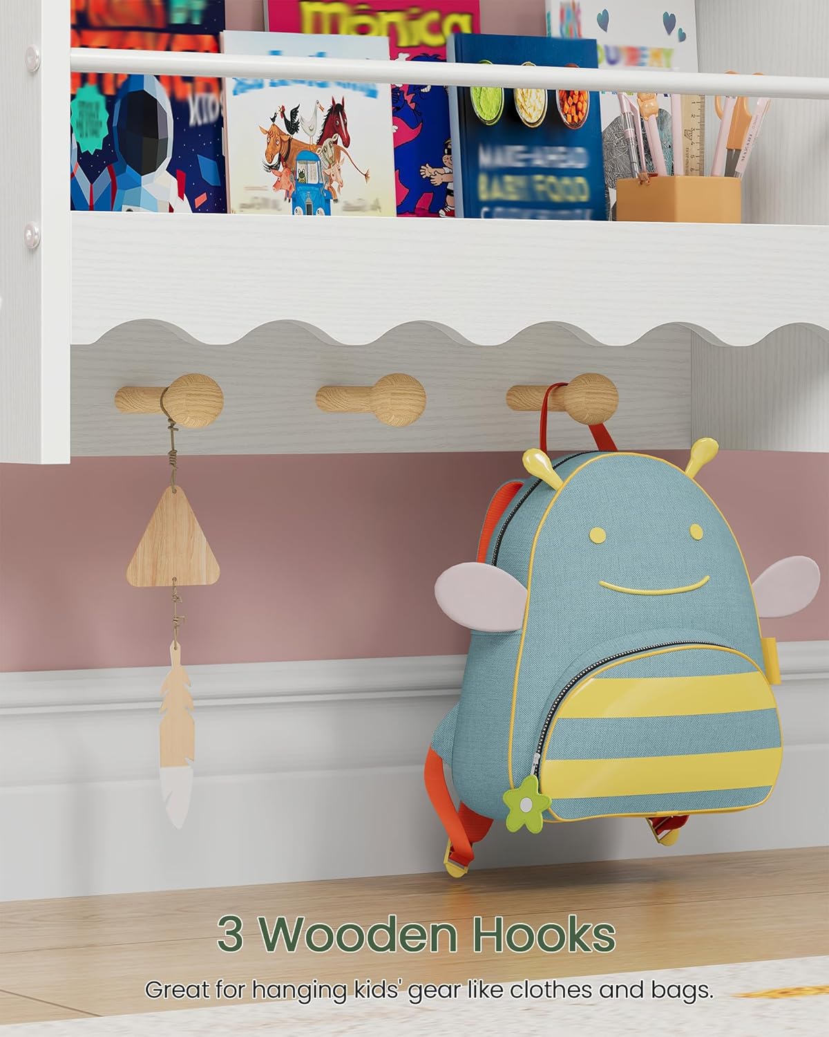 Wall Bookshelf for Kids, 3-Tier Kids Bookshelf for Wall, Floating Book Shelves with 3 Hooks & Guardrails, for Kids' Room, Living Room, Nursery, White and Natural MCW43WB