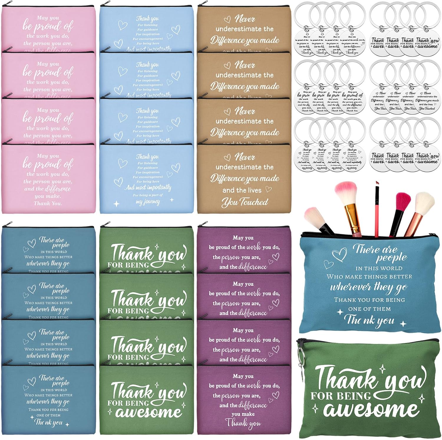 Panelee 48 Pcs Inspirational Gifts Makeup Bags Bulk Cosmetic Bags and Keychains for Women Employee Appreciation Thank You Gift for Employee Coworker Volunteer Friends