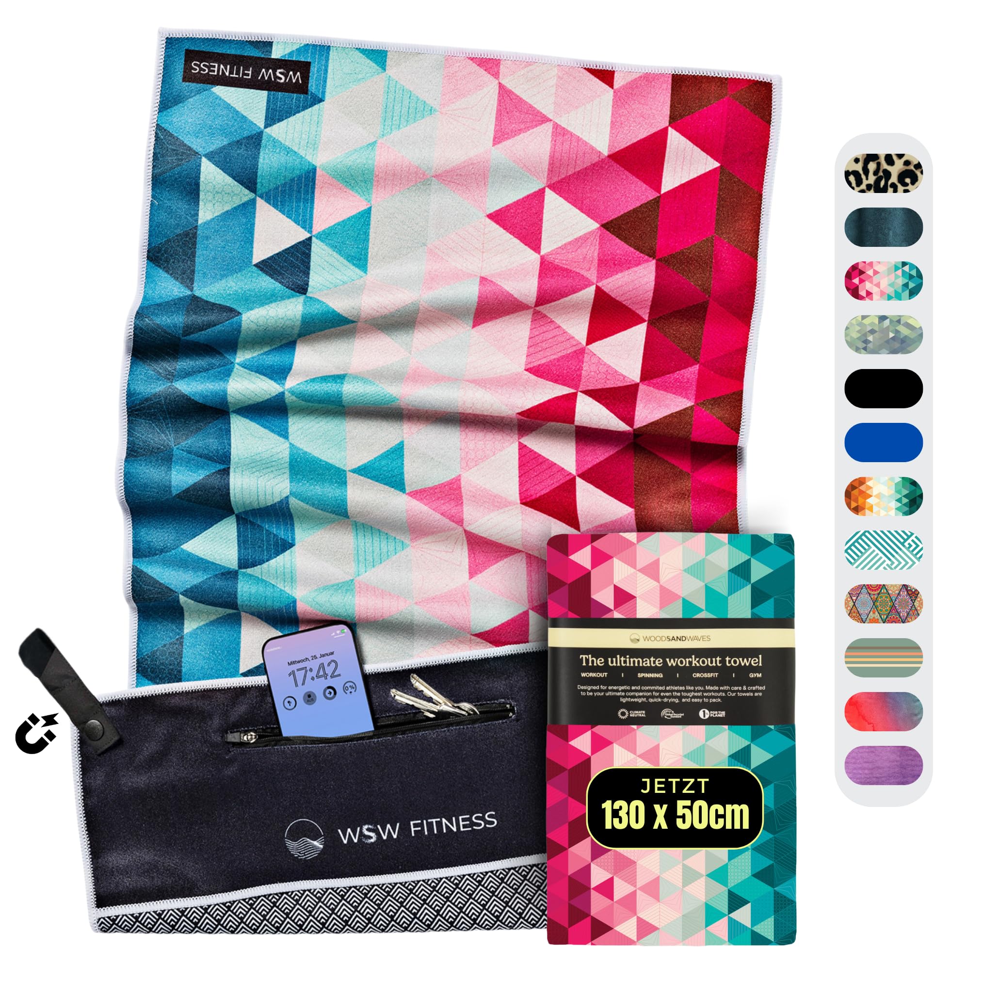 WOODSANDWAVES Gym Towel 50x125 cm with Design, Bench Cover, Magnetic Clip & Zip Pocket – Sports Towel made from Recycled PET for Gym & Fitness – quick-drying, odour-free microfibre