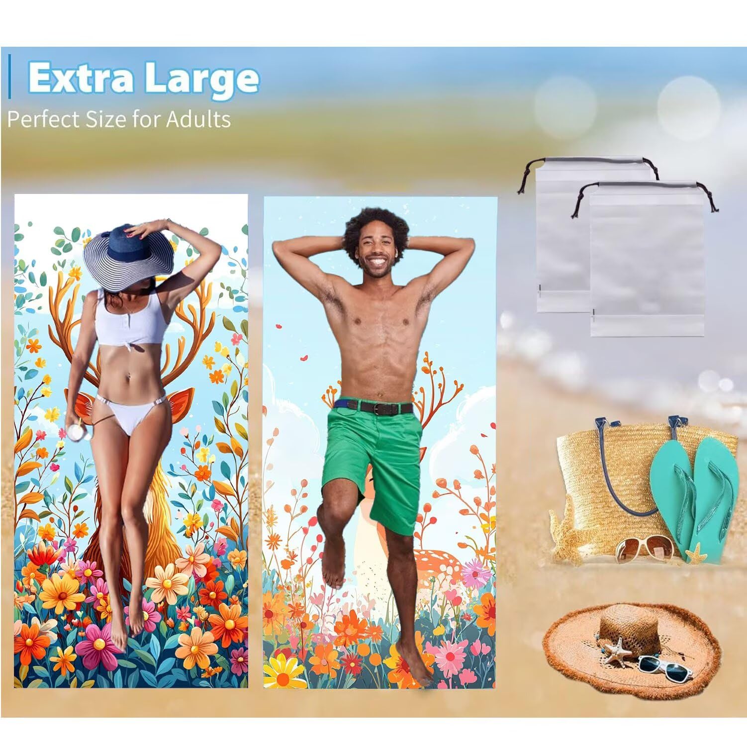 Ręcznik plażowy xxl 2 opakowanie, duży ręcznik plażowy z mikrofibry 90 x 200 cm, odporny na piasek, szybkoschnący, bardzo chłonny ręcznik kąpielowy, letni prezent dla kobiet (kwiaty jelenia) B-460