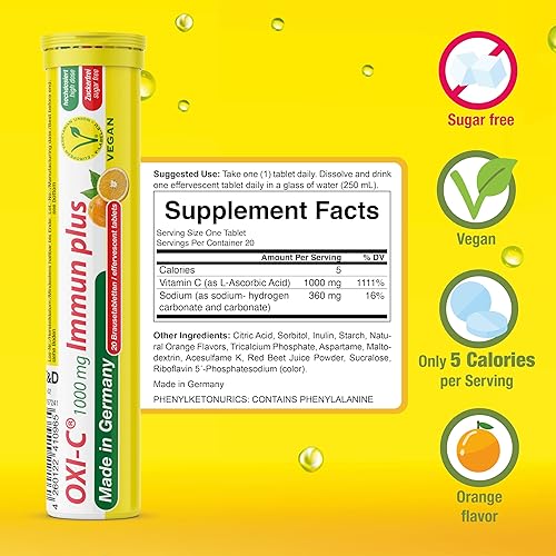 Miniatura 3 de T&D Oxi C 1000 mg de vitamina C - 100 tabletas efervescentes de bebida vegana - Sabor naranja - Hecho en Alemania