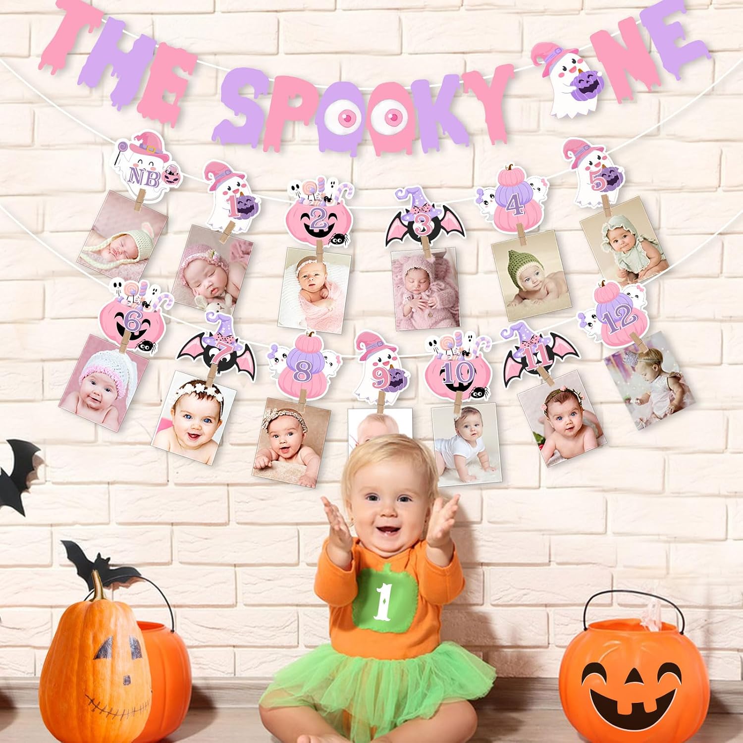 Halloween 1st Birthday Decorations for Girl Pink Purple The Spooky One Banner Halloween 1st Birthday Photo Banner The Spooky One Decoration Pumpkin Spider First Bday Decoration
