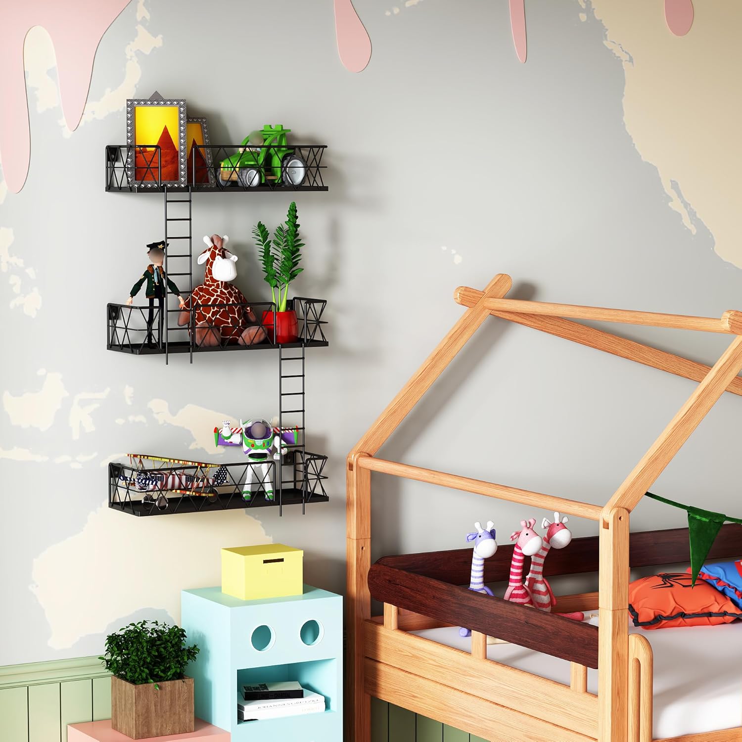 LUDOUR Fire Escape Wall Shelf - 3 Tier Fire Escape Ladder Wall Shelf 16.5’’ Long, New York Metal Decorative Shelf for Action Figure Display, Black Floating Wall Shelves for Bedroom, Home Décor.