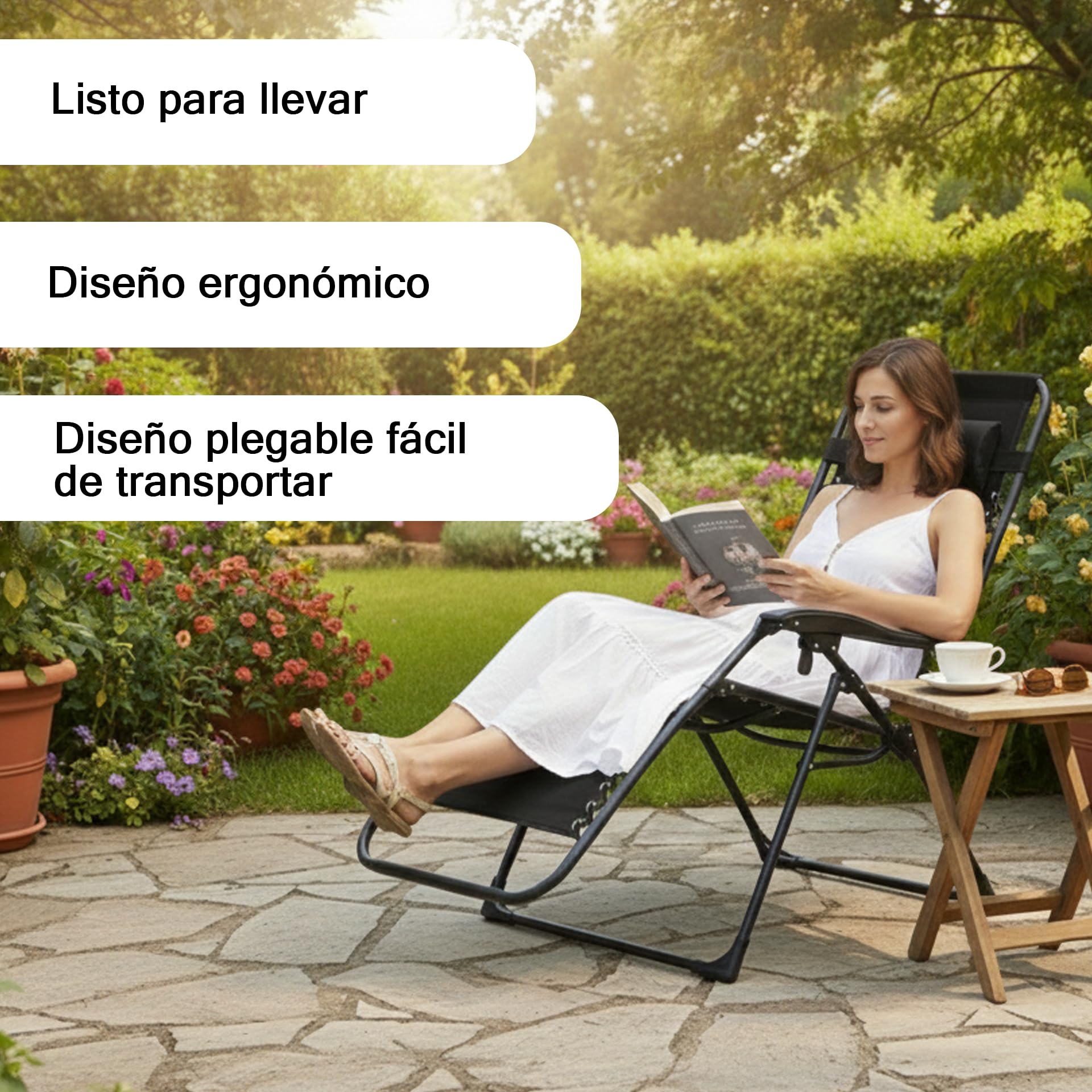 Weida Home Tumbona Plegable para Exterior | con Cojín y Reposapiés Acolchados | Silla Reclinable Ergonómica y Resistente | Estructura de Acero | Ideal para Jardín, Terraza, Playa (Negro) — view 5