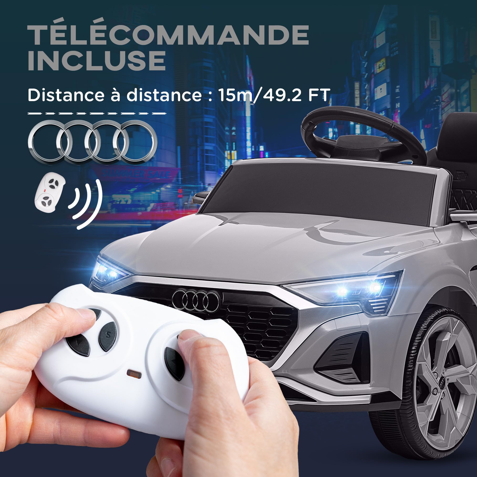 AIYAPLAY Voiture électrique Enfants 12V sous Licence Audi Q8 e-tron Sportback, véhicule électrique, 2 Moteurs, télécommande 2,4G, phares LED, Musique, klaxon, Suspension à Ressort, pour 3-4 Ans, Gris