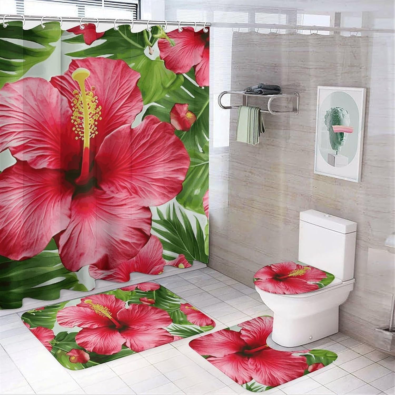 Hibiscus Flower Shower Curtain Set 4 Piece, Non-Slip Bath Mat with Toilet Lid Cover and Waterproof Shower Curtain with 12 Hooks, Complete Bathroom Set for Home Decor