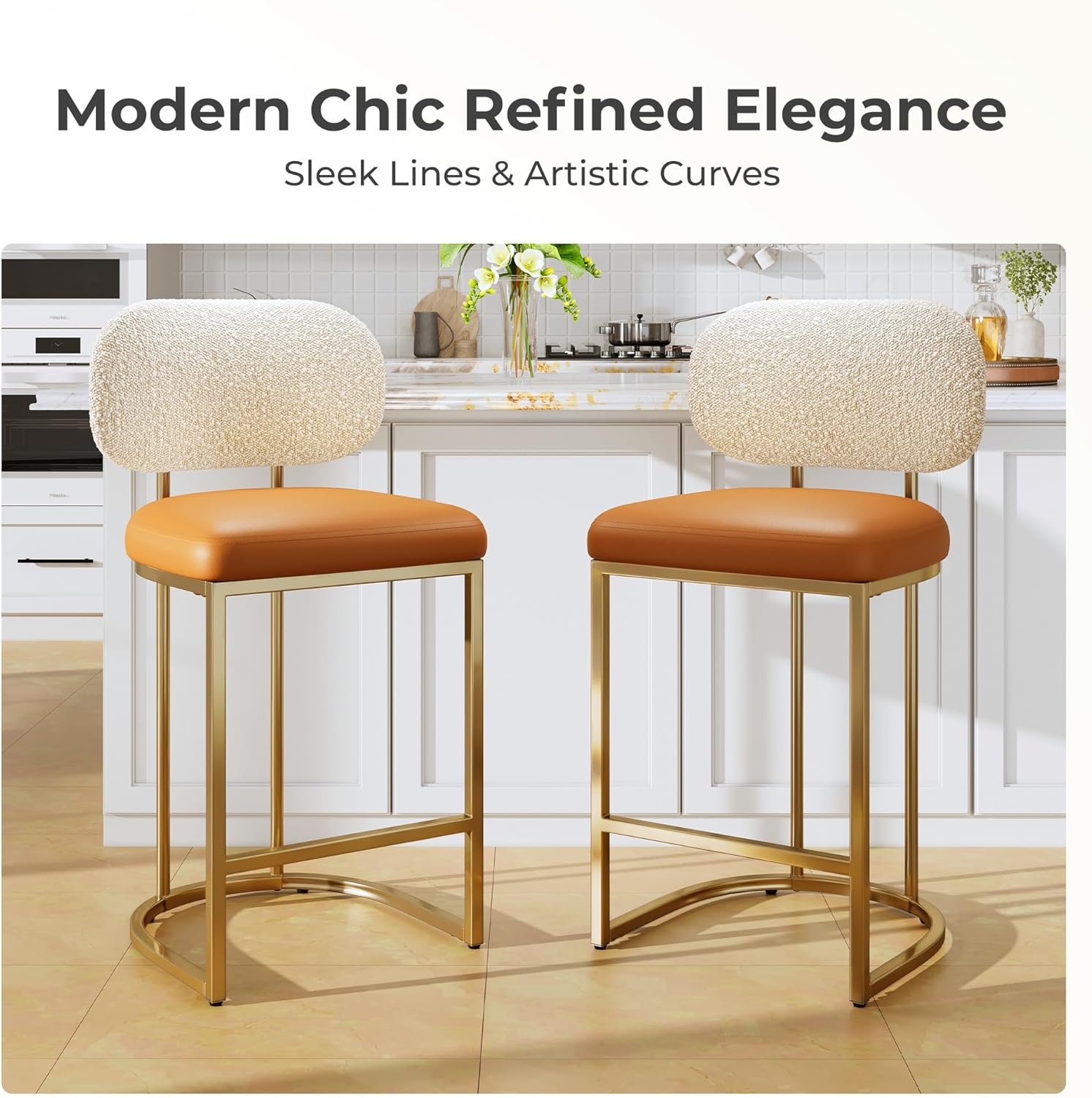 GREEN PARTY 24.8“ Bar Stools with Back, Counter Height Bar Stools, Modern Bar Stools for Kitchen Island Upholstered Boucle Bar Chairs with Gold Legs, 300LBS Capacity (Saddle Brown)