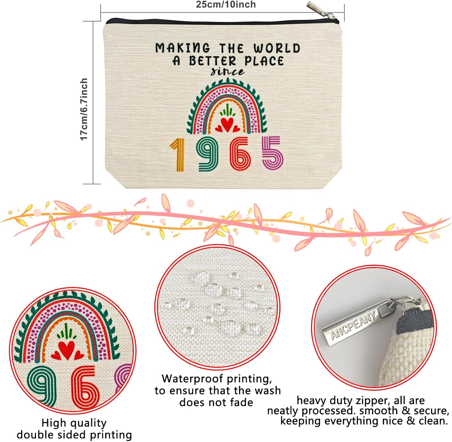 Happy 61st Birthday Gifts for Women Makeup Bag, Funny 1965 61 Year Old Birthday Decorations Gift Ideas for Grandma, Mom, Her, Wife, Sister, Aunt, Small Cosmetic Travel Bags for Mothers Day, Christmas - Image 2