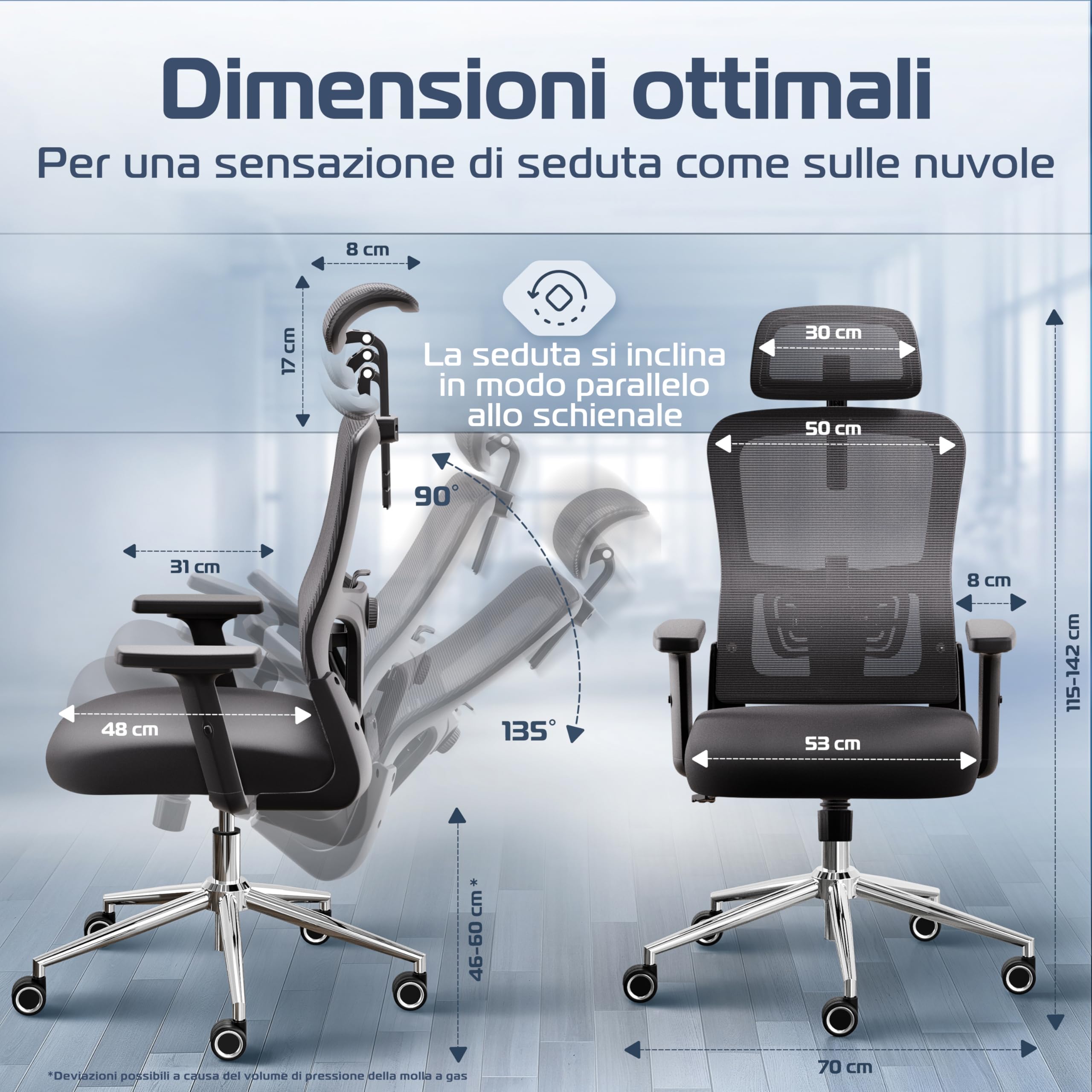CLOUVOU BrightSeat Sedia ufficio ergonomica [TOP DI GAMMA] Sedia da scrivania per smart working | Poltrona ufficio per studio e camera | Sedia ufficio con ruote facile da spostare | Max. 150 kg