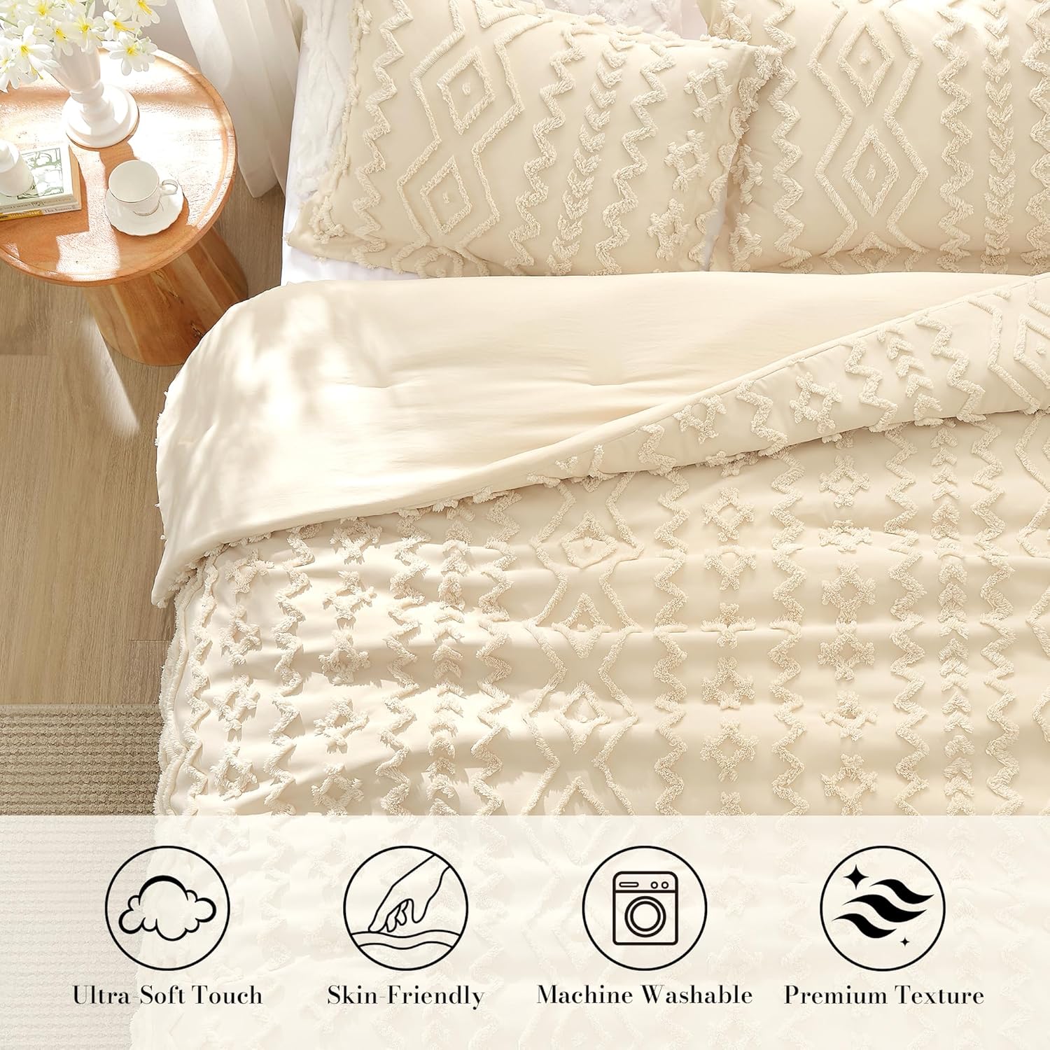 Amélie Home Boho Comforter Set Queen Size, 3 Piece Beige Boho Bedding Set, Rustic Farmhouse Luxury Gift for Women Home Decor, Soft Cozy Diamond Comforter for All Seasons - Image 2