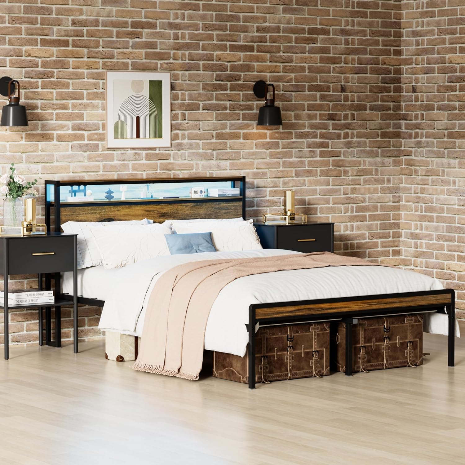 Full Size Metal Bed Frame with Headboard and Footboard, LED Lighting, Black Heavy Duty Mattress Foundation with Steel Slat Support, Noise Free,81.73" L x 54.13" W x 38.96" H
