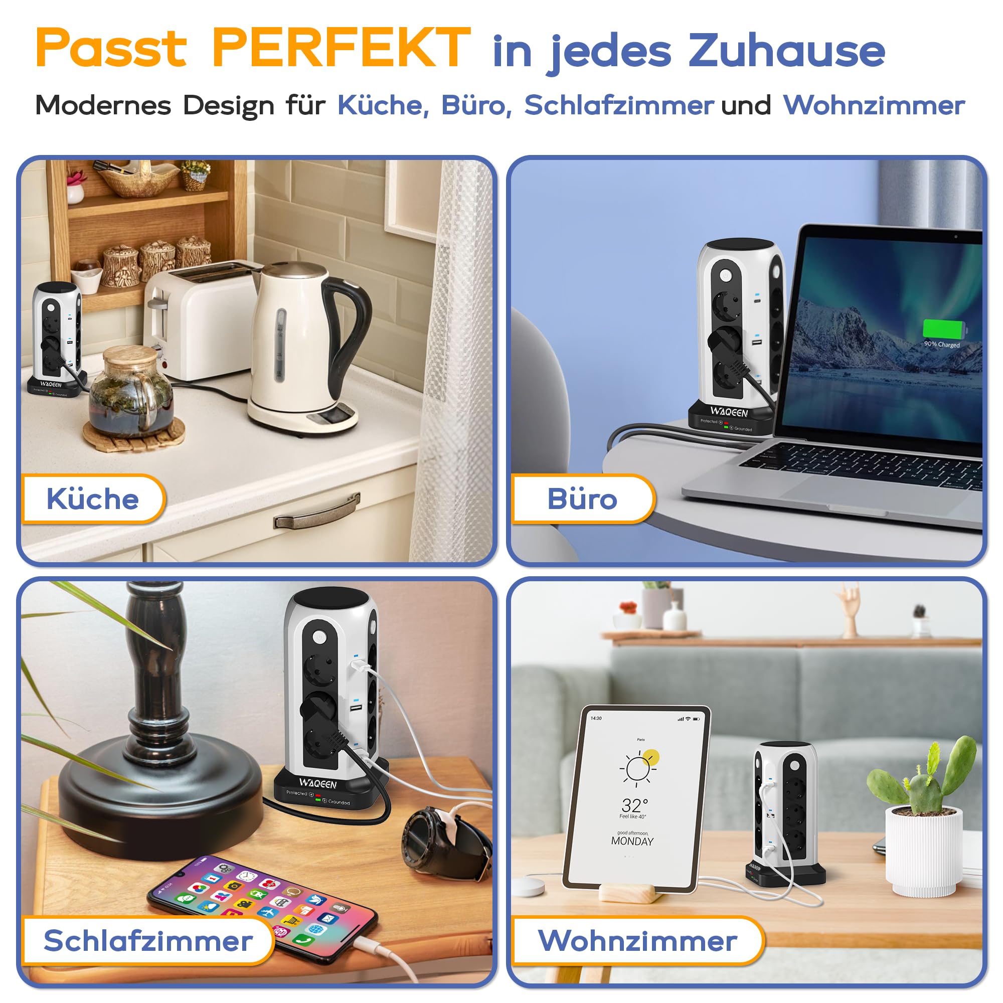 Steckdosenturm mit USB C & A, Überspannungsschutz, Mehrfachsteckdose | 12 AC Steckdosen, 2 USB-C & 4 USB-A, 4 Schalter, 2 m Kabel, feuerfestes Material, ideal für Büro, Küche & Zuhause